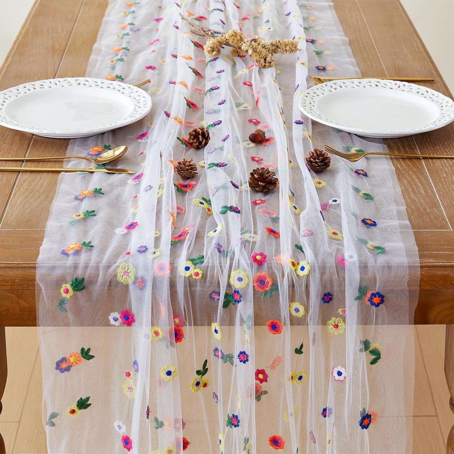 JIALE Ivory Floral Table Runner, Embroidery Daisy Seasonal Table Decorations, 120Inch 10FT 1PC Tulle Fabric for Home Decor, Bridal Shower Wedding, Baby Shower Parties, DIY Craft