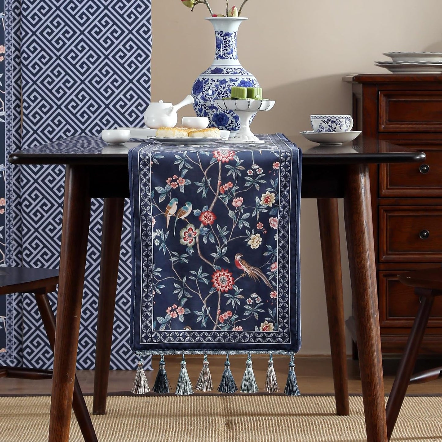 patdrea Vintage Chinoiserie Floral Table Runner Farmhouse for Home Kitchen Dining Decor Parties Family Dinners 12"*63"