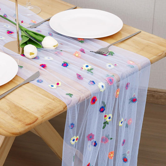Blue Floral Table Runner 10 FT, Embroidery Daisy Table Runners Seasonal Sheer Tulle Table Runner for Thanksgiving Wedding Birthday Baby Shower Party ﻿