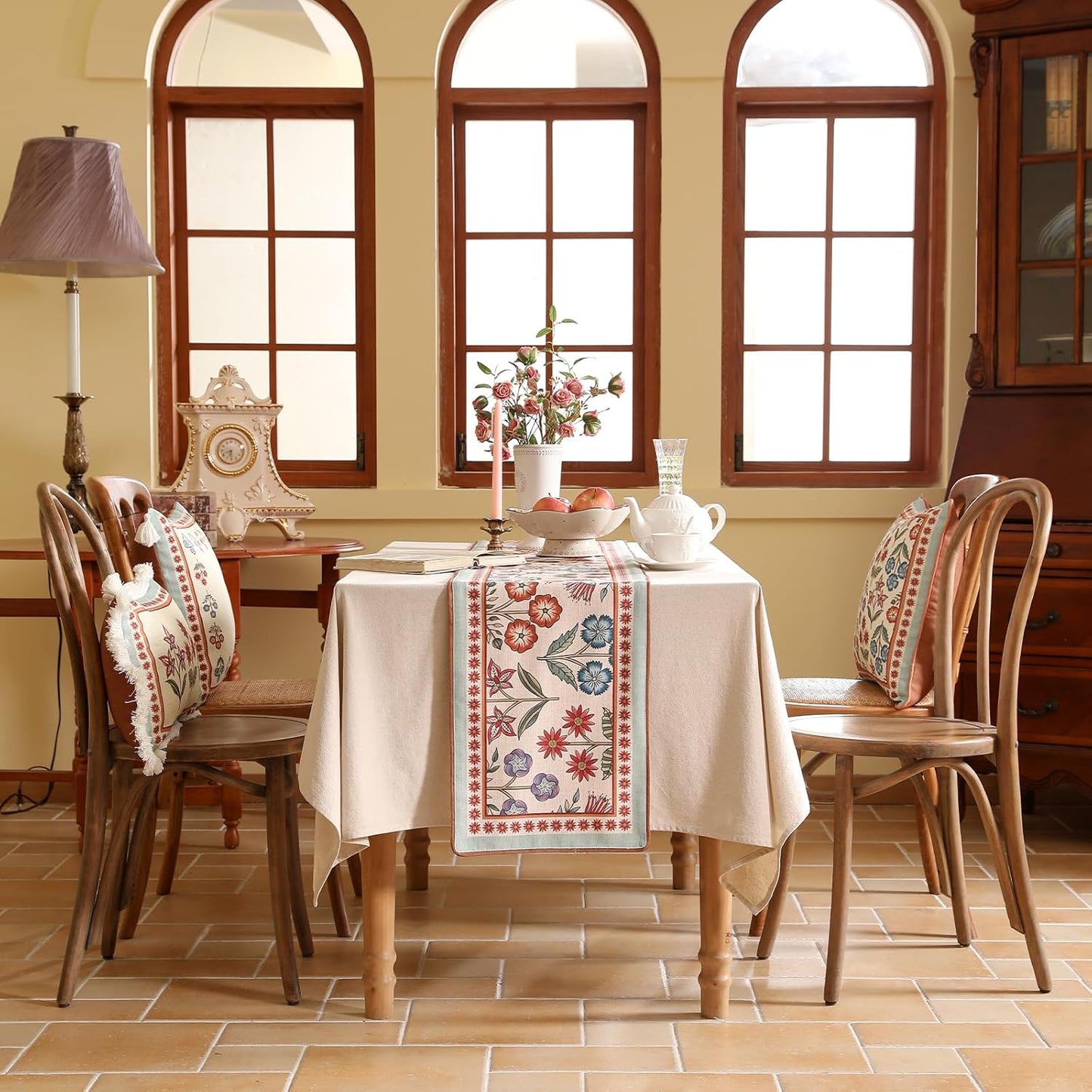 Decorative Linen Small Table Runner 63 Inches Long,Green Floral Rustic Fall Runner for Table Decor Tabletop Table Runners for Kitchen,Dining,Party,Home,Christmas,12"*63"