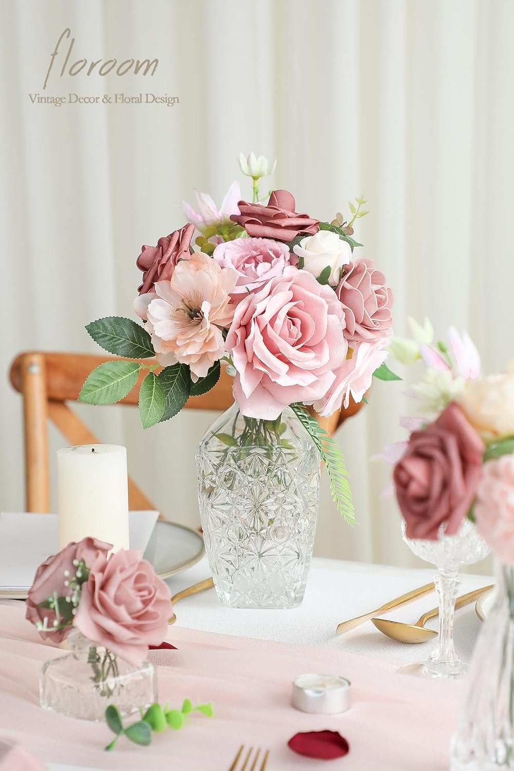 Floroom Dusty Rose Artificial Flowers Fake Roses Peonies and Greenery Combo Box Set for DIY Wedding Bouquets Bridal Shower Centerpieces Floral Arrangements Party Tables Home Decorations