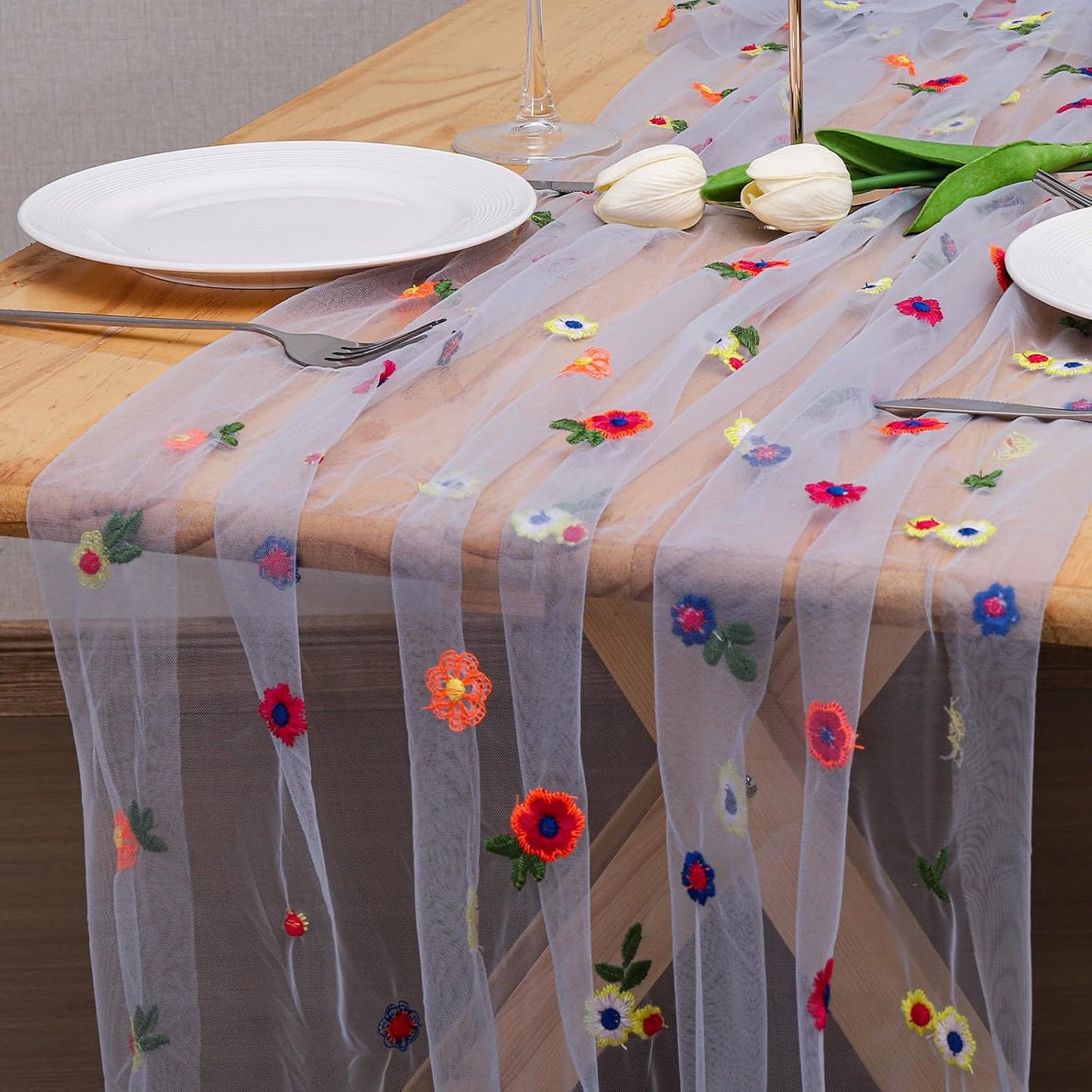 BINBE 12pcs Daisy Fall Table Runner Embroidery Gauze 10FT Florals Seasonal Tulle Holiday Birthday Kitchen Dining Table Decor for Home Party Blue