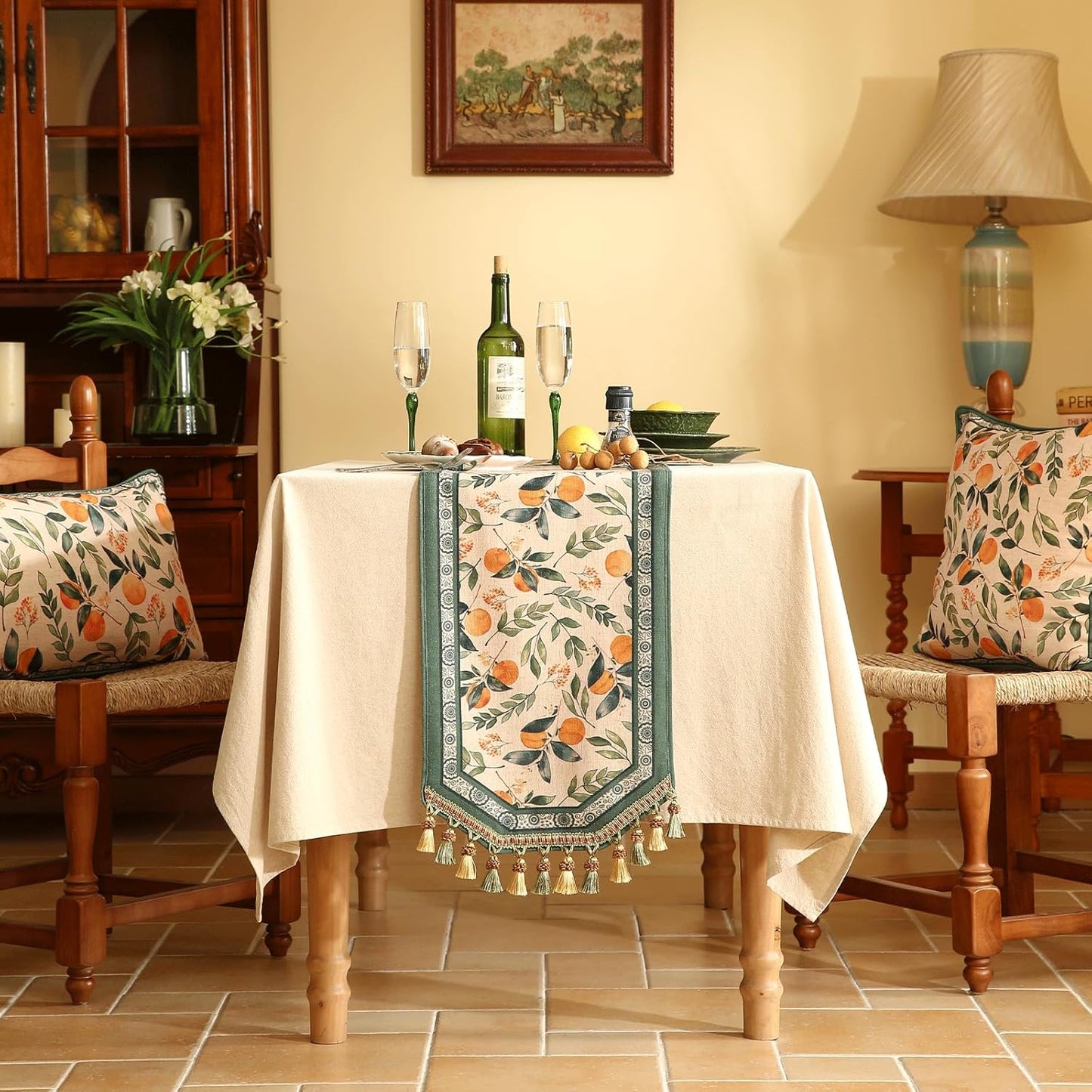 patdrea Designer Vintage Fresh Farmhouse Linen Table Runner 102 Inch Long, Green and Orange Pattern Table Mat, Decor for Kitchen Dining Table Coffee Table Shelf Cabinet Banquet Christmas ,12"*102"