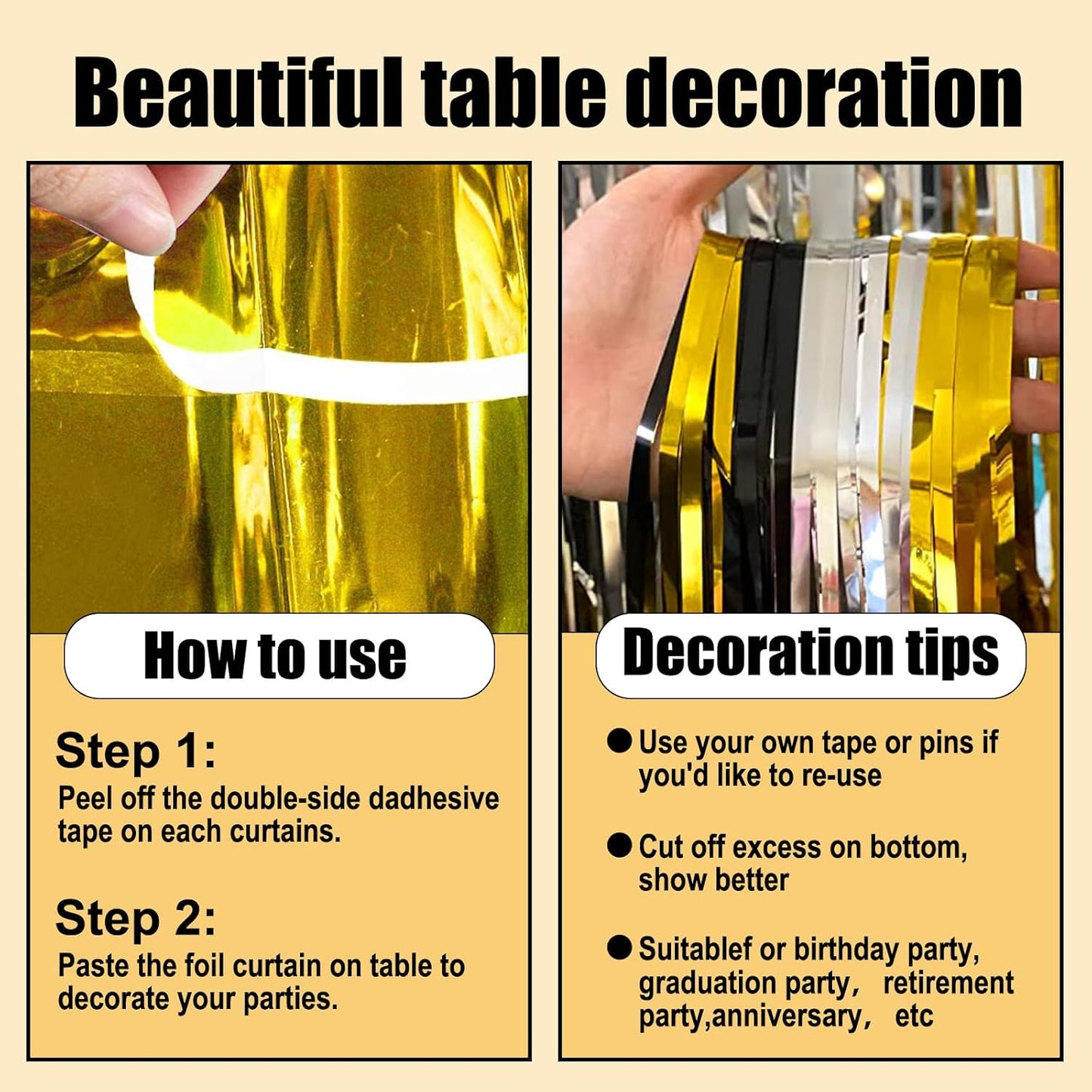 3 Pack 29 x108 Inch Black Gold Silver Foil Fringe Table Skirts Metallic Banner for Tinsel Streamer Garland Backdrop for Parade Floats Wedding Thanksgiving Birthday Christmas New Year Party Decoration