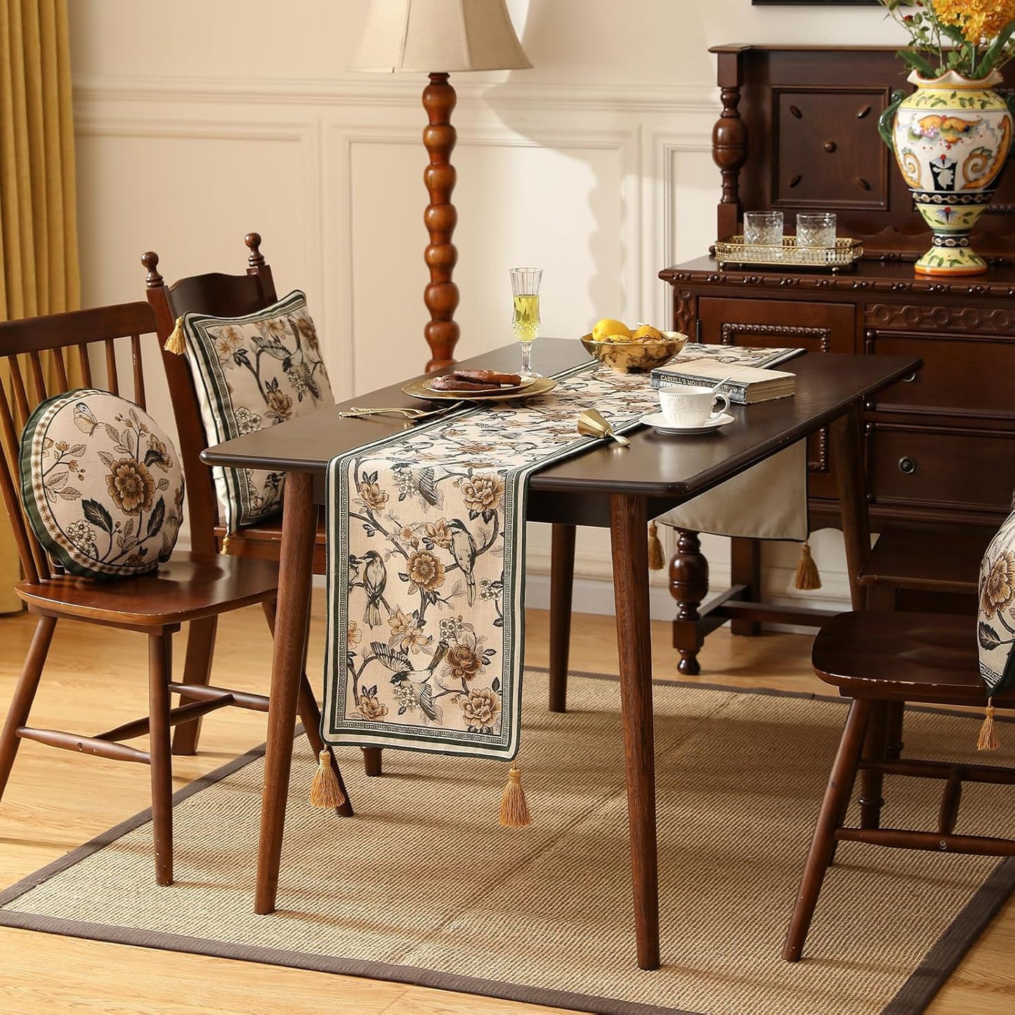 ISAENNE Designer Vintage Beige Linen Table Runner 102 Inches Long,Elegant Floral and Bird Pattern Decor Table Runners for Dining Tables,Thanksgiving,Christmas,Banquet,Party,12"*102"-Murad A