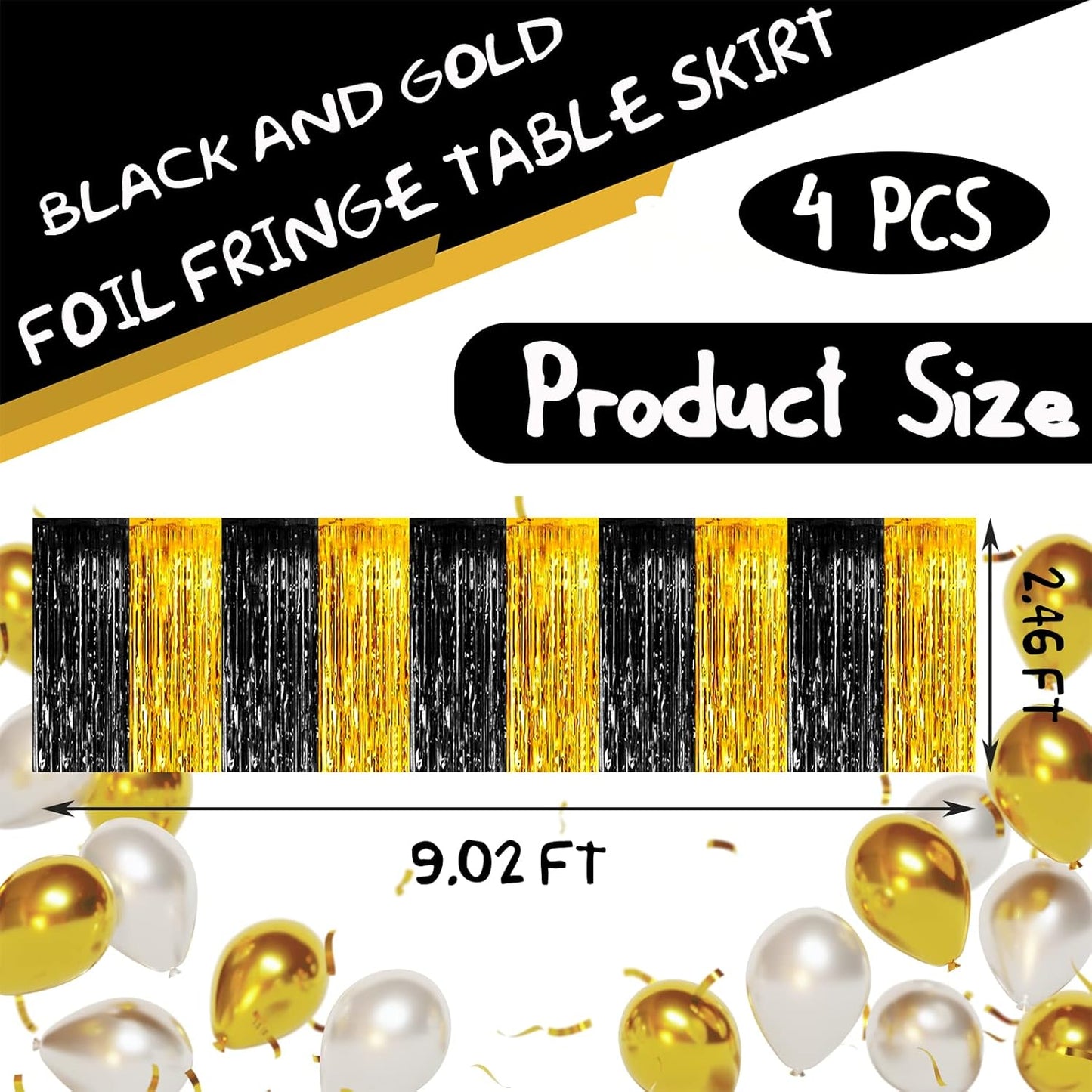 4 Pack 29x108 Inch Metallic Foil Fringe Tinsel Table Skirts for Rectangle Tables Streamer Backdrop for Wedding, Birthday, Parade Floats, Christmas, Halloween Party Decoration(Black Gold)