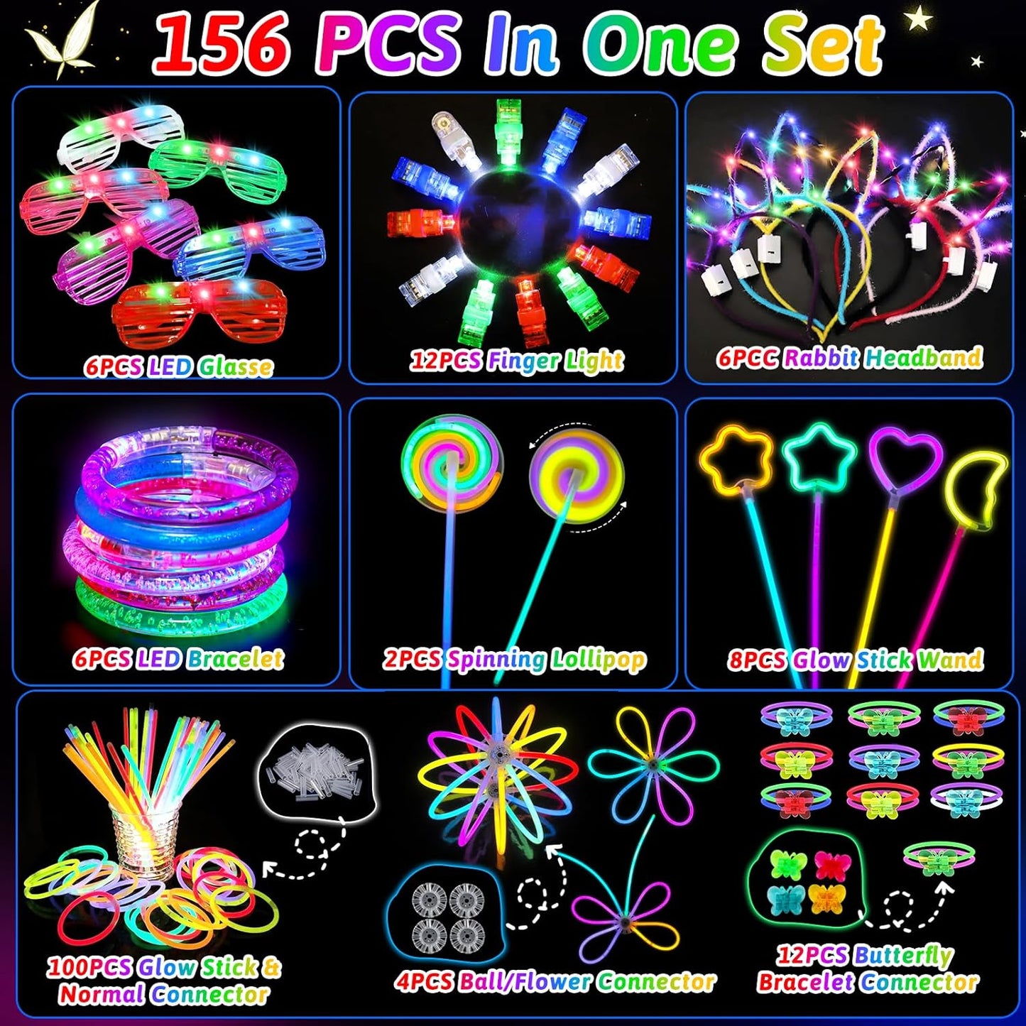 156PCS Glow in The Dark Party Supplies for Kids 8-12, Light Up Glasses Headband Rings Halloween Party Favor Adult, 100 Glow Sticks Bulk Party Pack DIY Necklaces Bracelets Neon Camping Pool Decorations