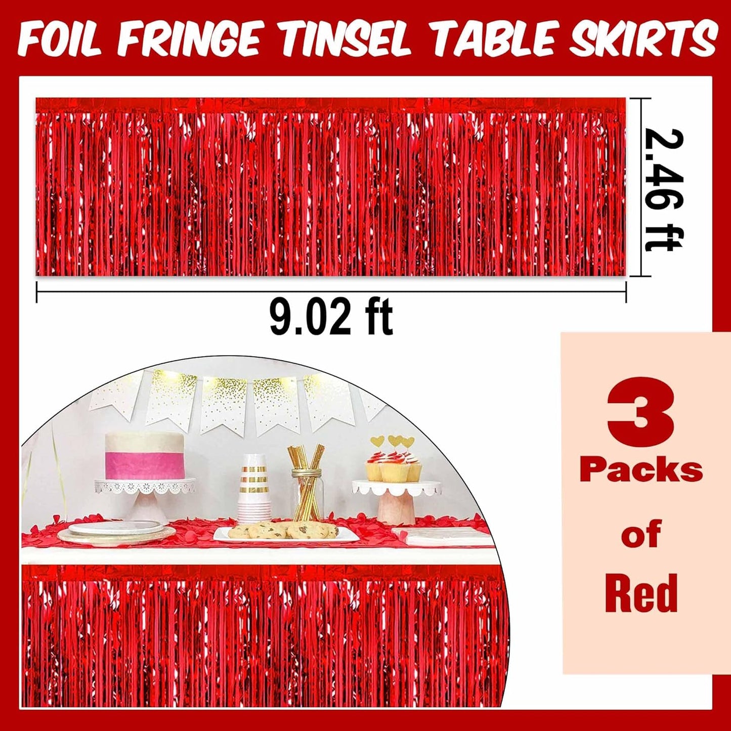 3 Pack 29 x108 Inch Red Foil Fringe Table Skirts Metallic Banner for Tinsel Streamer Garland Backdrop for Parade Floats Mother's Day, Graduate, Birthday, Wedding Party Decoration