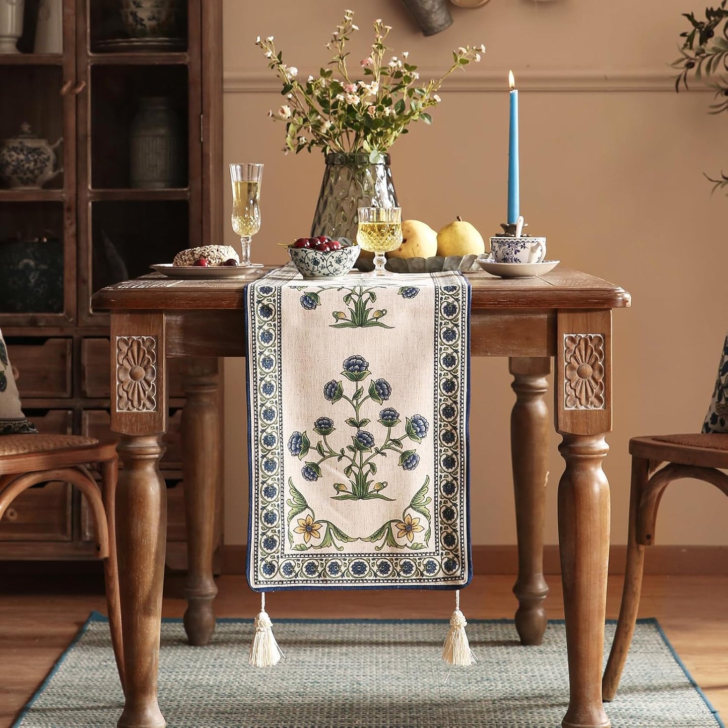 patdrea Designer Blue Rustic Elegant Floral Patterned Linen Table Runner 71 Inch Long,Wrinkle Resistant Table Mat,Decoration for Kitchen Dining and Coffee Tables Banquet Christmas , 12"x71"