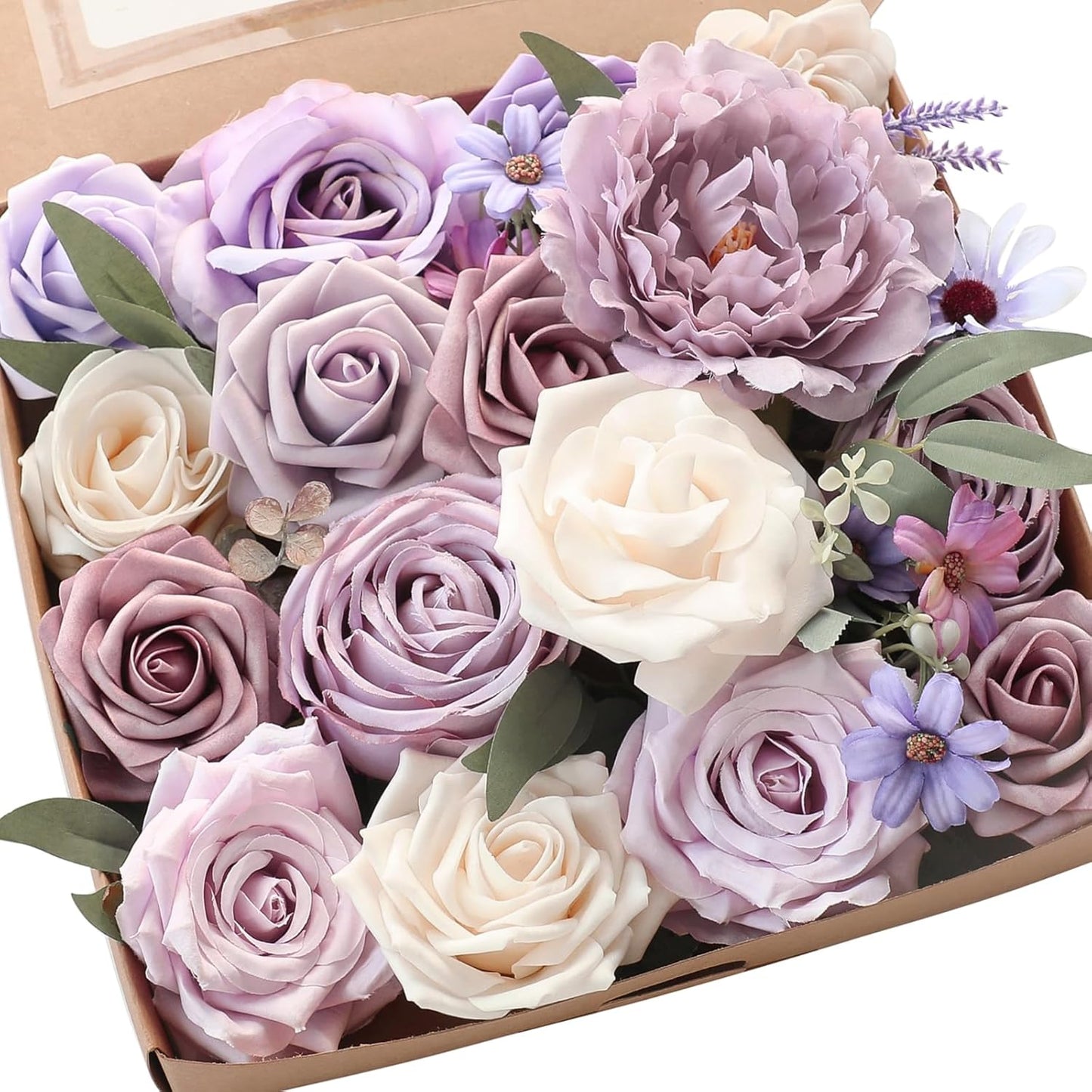 Floroom Lilac Lavender Artificial Flowers Fake Roses Peony and Greenery Combo Box Set for DIY Purple Wedding Bouquets Bridal Shower Centerpieces Floral Arrangements Party Tables Home Decorations
