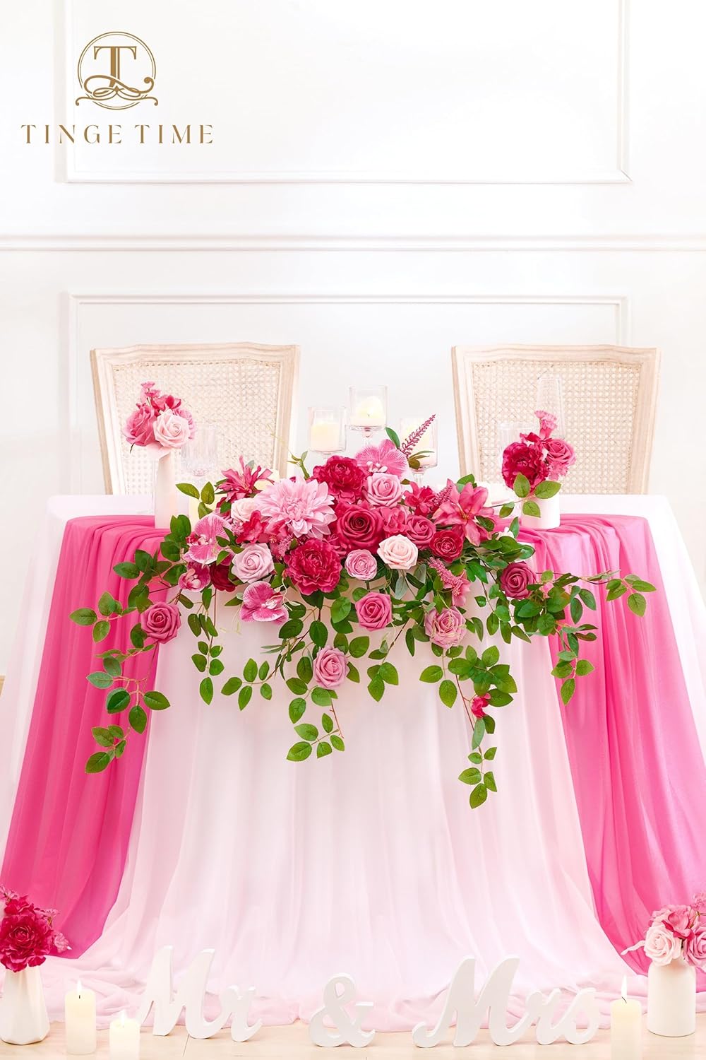 TINGE TIME Artificial Sweetheart Flower Swag with Table Cloth and Table Runner, Pack of 3 Floral Arrangement for Wedding Sweetheart Table Centerpiece Decoration Valentine's Day (Hot Pink)