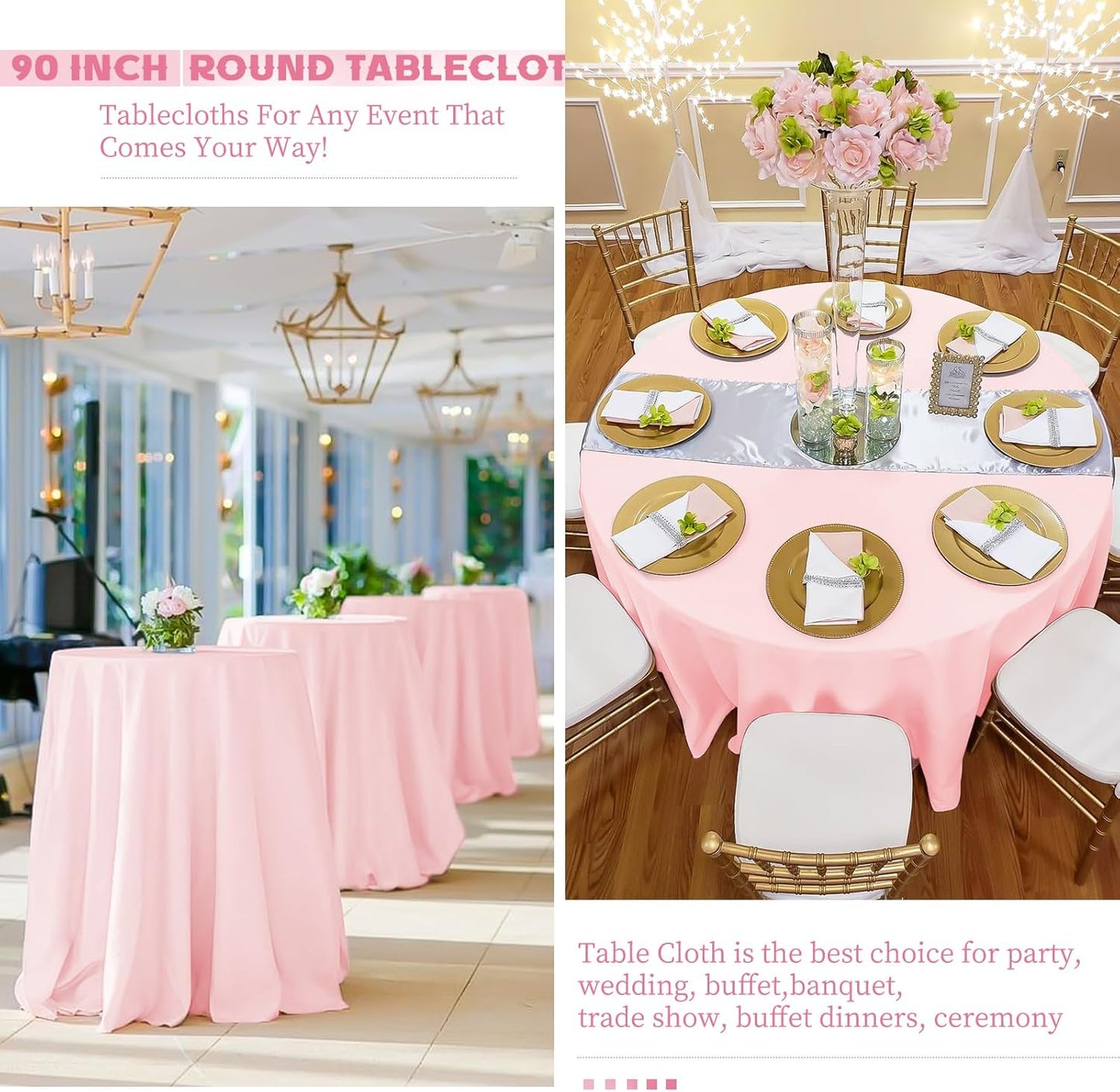10 Pack Pink Round Tablecloths - 90 Inch, Polyester Table Cover, Stain and Wrinkle Resistant Washable Fabric, Perfect for Wedding Banquet Parties