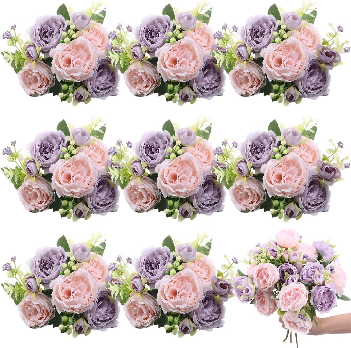 8 Bundles Artificial Peonies Flowers Boho Faux Flowers Arrangements Artificial Centerpiece Spring Bouquet Floral Wedding Decoration for Vase(Pink, Purple)