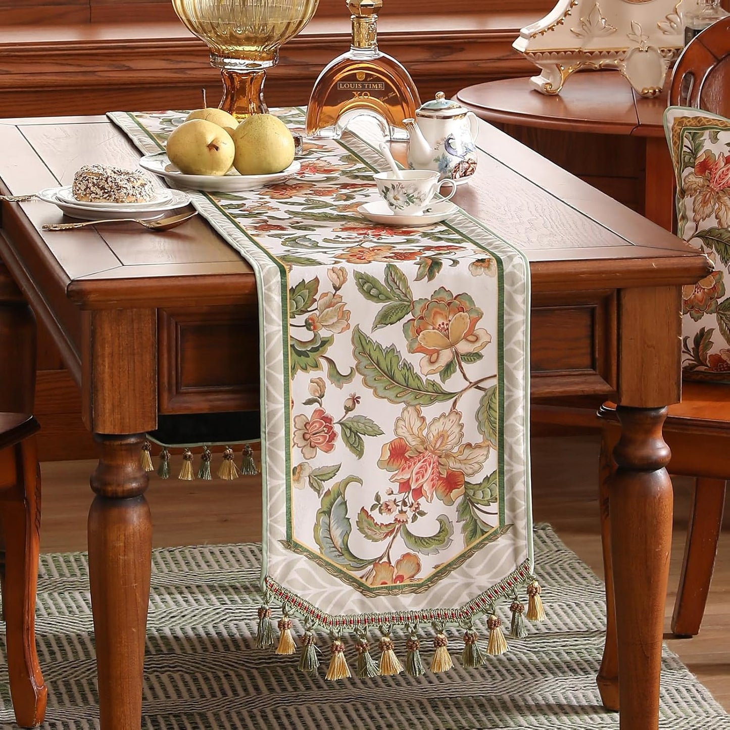 patdrea Designer Elegant French Floral Velvet Table Runner, Fresh Green with Orange Blossoms Pattern Table Mat, Decoration for Kitchen Dining Coffee Table Cabinet Banquet Thanksgiving,12"*71"