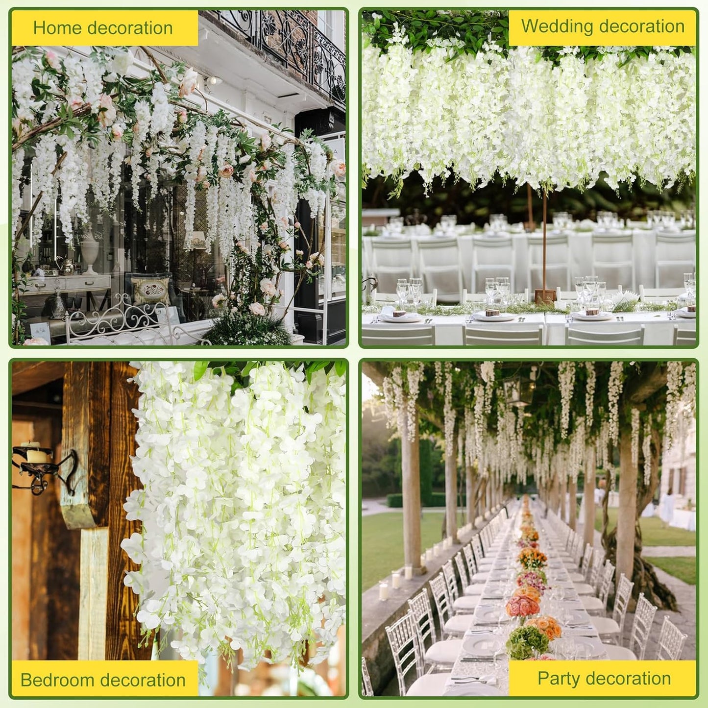 Wisteria Artificial Flowers Garland，6Pcs Total 36ft Silk Fake White Wisteria Flowers Hanging for Home Garden Wedding Arch Party Indoor Outdoor Decor