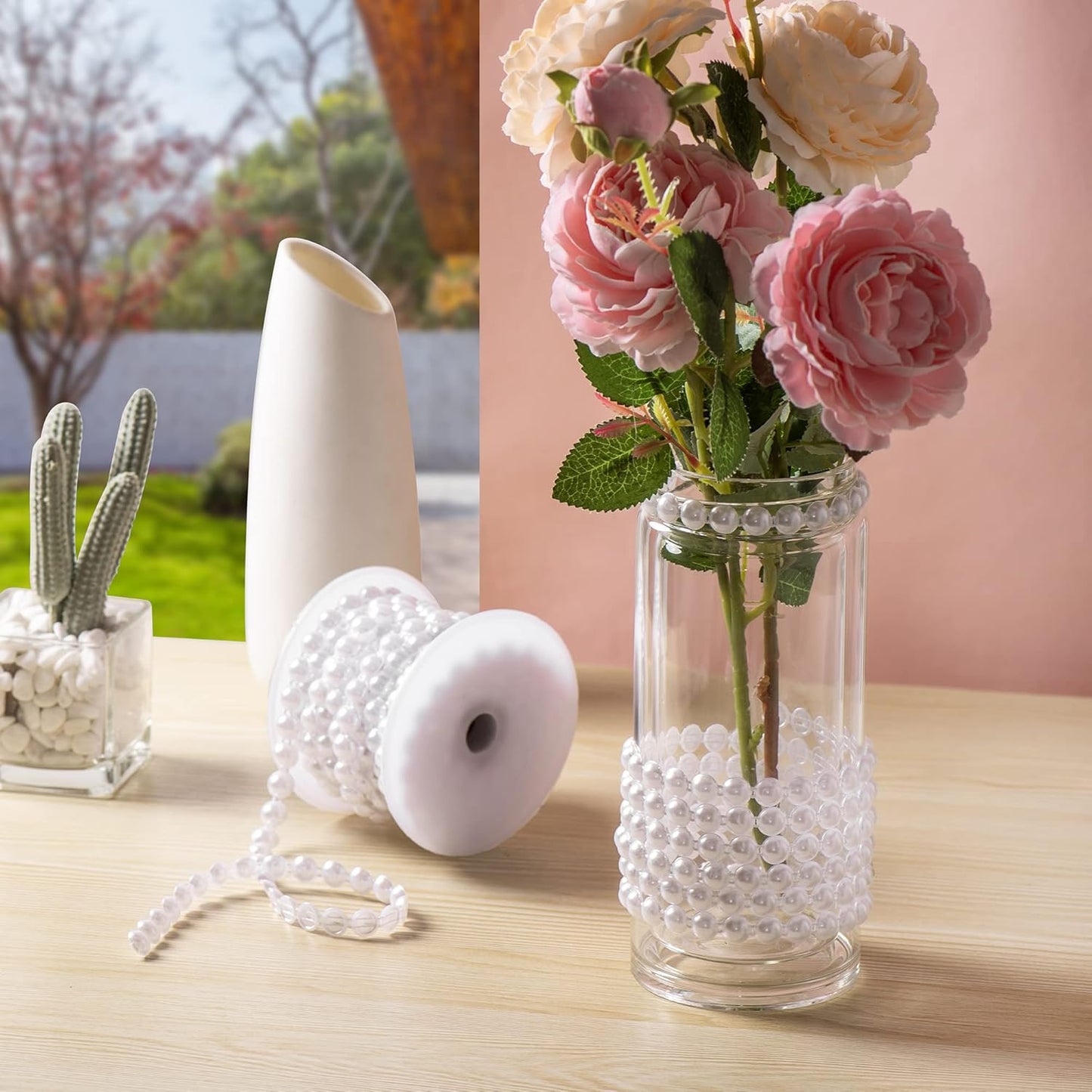 10mm Pearl Garland Half-Round 11 Yards Flat Craft Pearls Bead String Roll Strand for Wedding Party Christmas Tree Decoration (White)