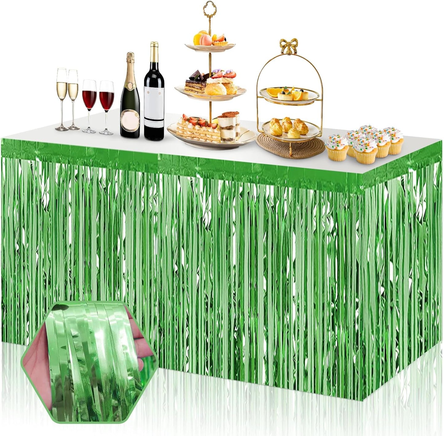 3 Pack 29x108 Inch Light Green Foil Fringe Table Skirts Metallic Banner for Tinsel Streamer Garland Backdrop for Parade Floats Wedding Thanksgiving Birthday Christmas Halloween Party Decoration