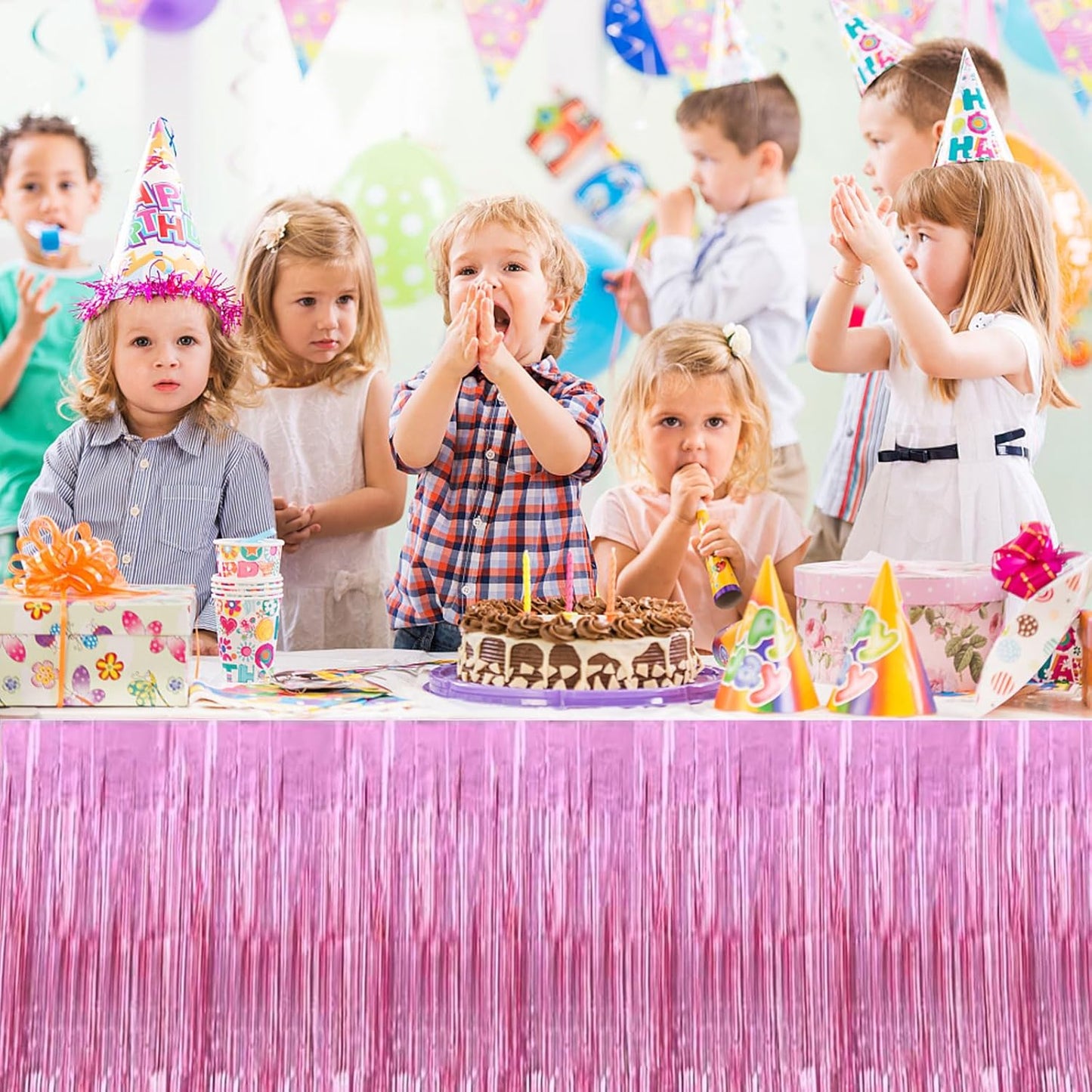 4 Pack Metallic Foil Fringe Tinsel Table Skirts,29x108 Inch Party Disposable Table Skirt Banner for Hotel Banquet Parade Floats Mardi Gras Holiday Birthday Wedding New Year Party Decoration(Pink)