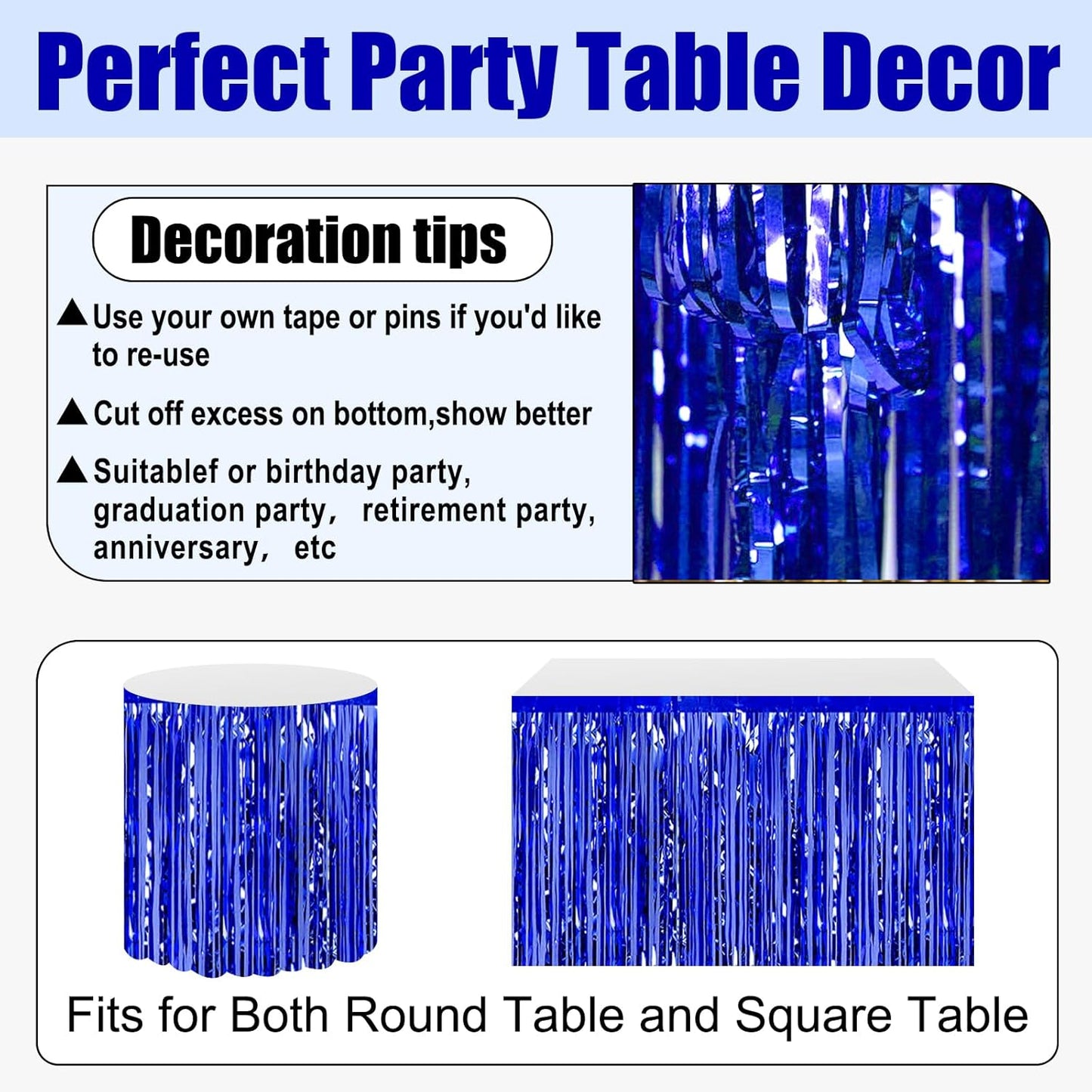 3 Pack 29x108 Inch Blue Foil Fringe Table Skirts Metallic Banner for Tinsel Streamer Garland Backdrop for Parade Floats Wedding Thanksgiving Birthday Christmas Halloween Party Decoration