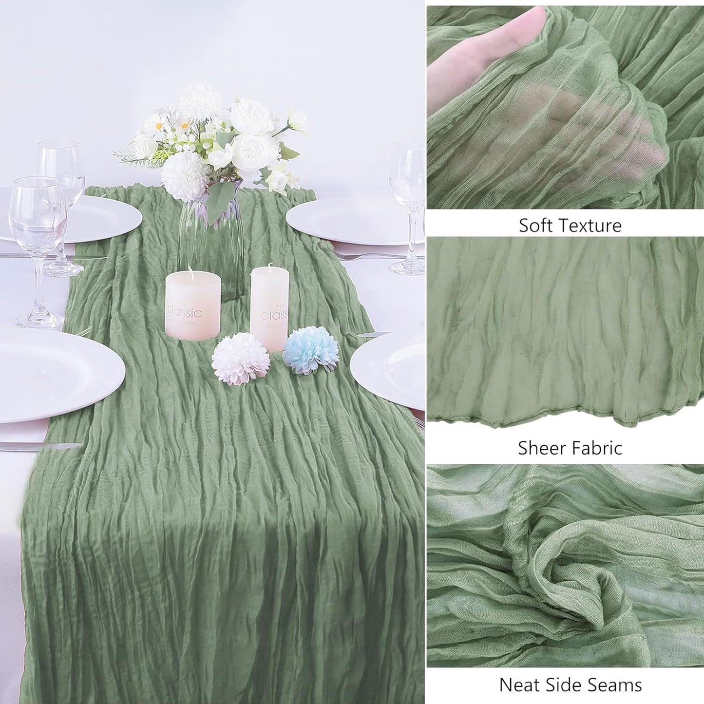 16PCS Sage Green Cheesecloth Boho Gauze Table Runner - 35x120Inch, Long, Rustic, Sheer for Wedding Party, Bridal Shower, Baby Table Decor