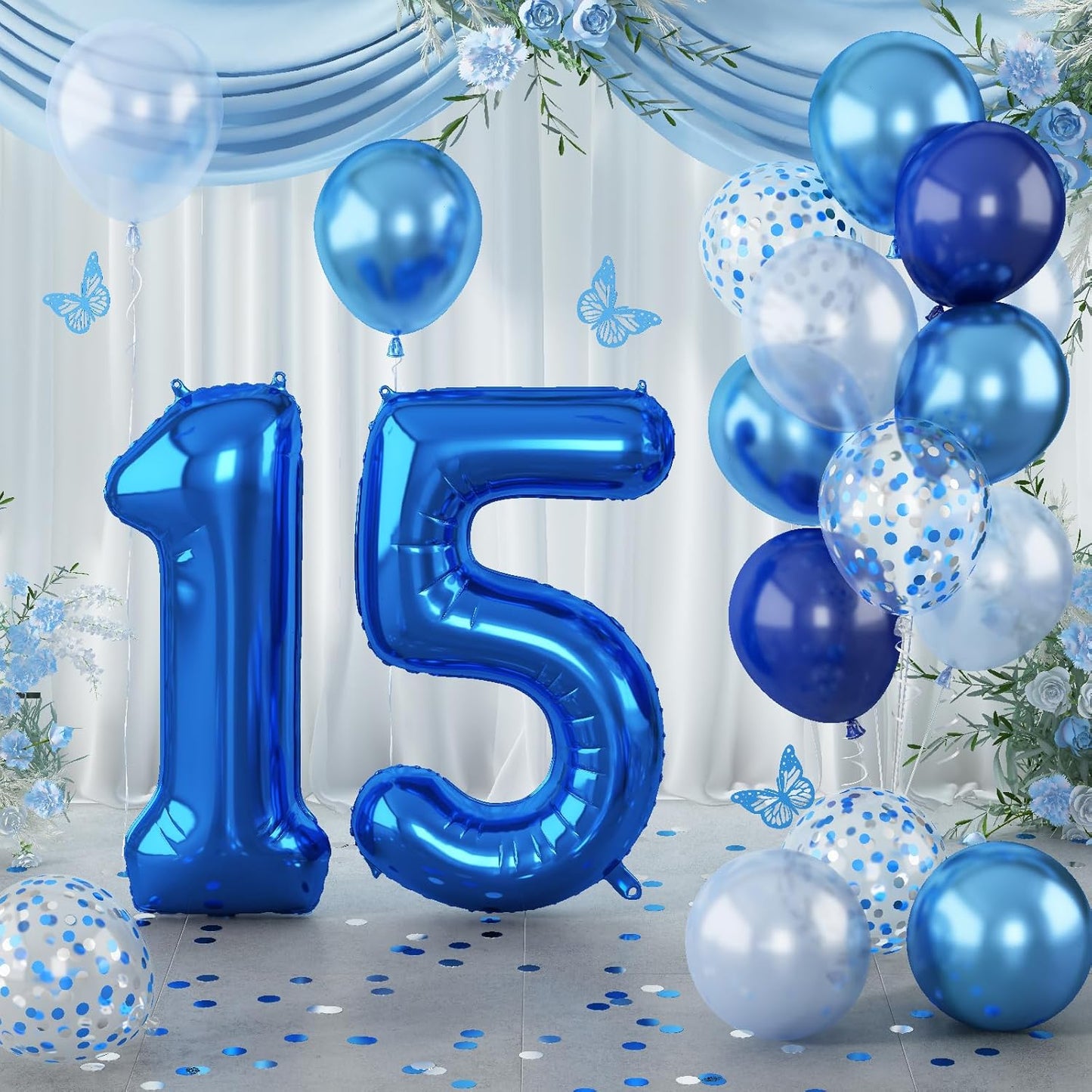 15th Birthday Balloon for Boys, Foil 40 Inch Self Inflating Number 15 Metallic Dark Blue, Navy Blue Mylar Large Balloon with Silver Confetti Latex for Men Birthday Party Decorations