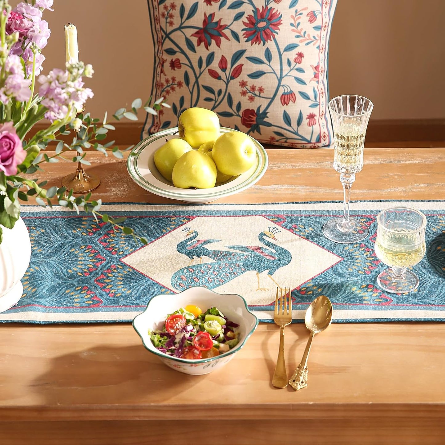 Vintage Blue Peacock Small Table Runner for Table,Decorative Linen 63 Inches Long Table Runners,Decor Tabletop for Kitchen,Dining,Tea Party,Home,Christmas,12"*63"