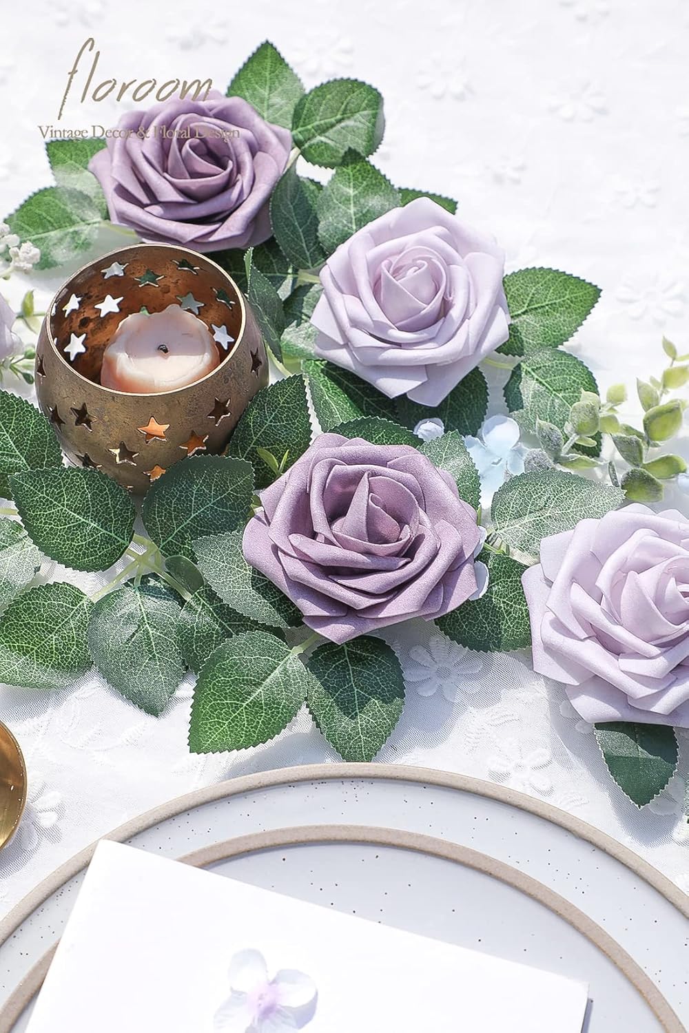 Floroom Artificial Flowers 50pcs Real Looking Lavender African Violet Purple Foam Fake Roses with Stems for DIY Wedding Bouquets Bridal Shower Centerpieces Floral Arrangements Party Tables Decorations