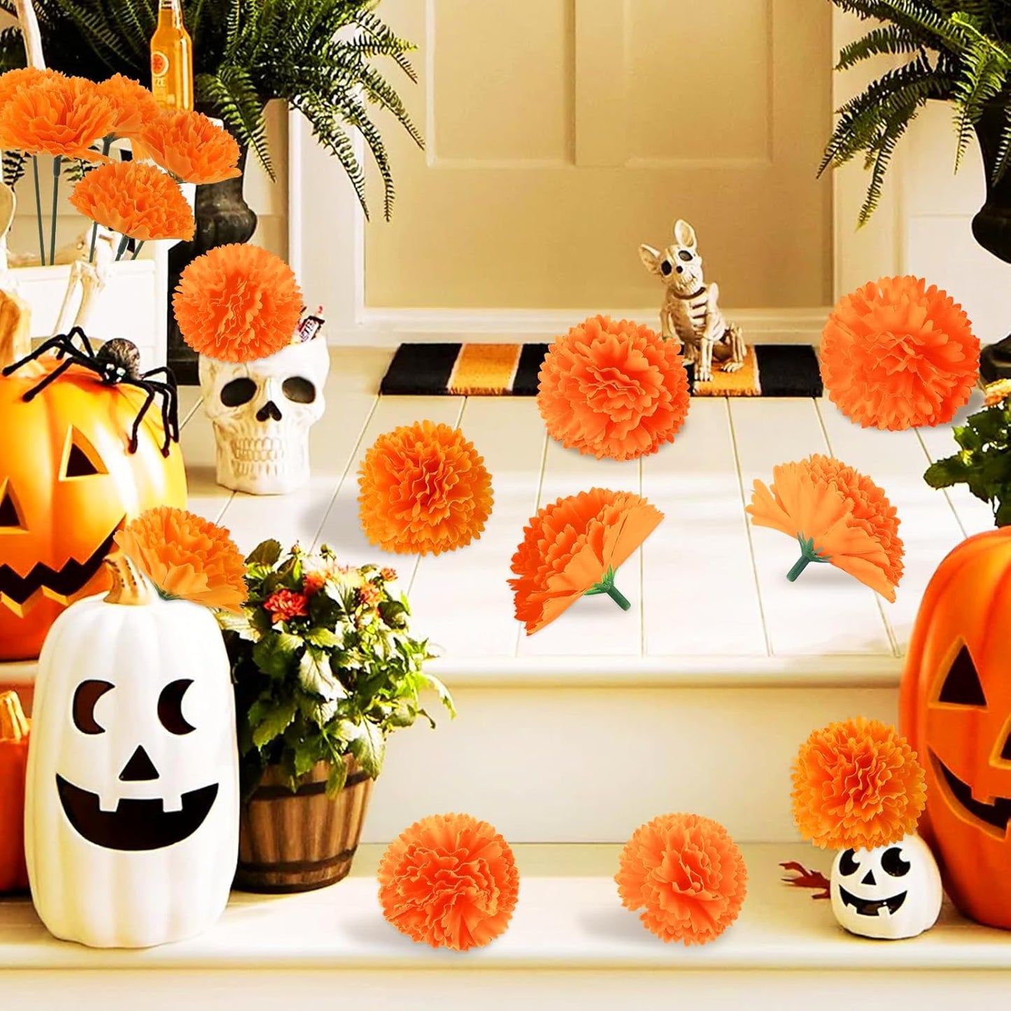 Hananona 50Pcs Artificial Marigold Flower Heads, Silk Marigold Heads Bulk Fake Flowers for Dia De Los Muertos Decor DIY Marigold Garland Day of The Dead Decorations