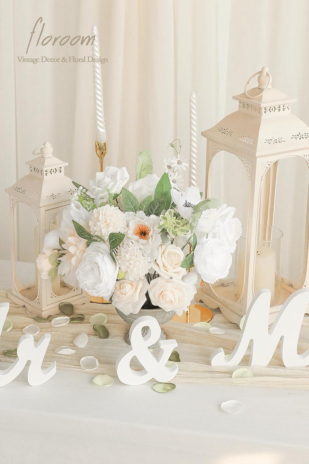 Floroom Cream White Artificial Flowers Fake Roses Dahlias Peonies Poppies and Greenery Combo Box Set for DIY Wedding Bouquets Bridal Shower Centerpieces Floral Arrangements Party Tables Decorations