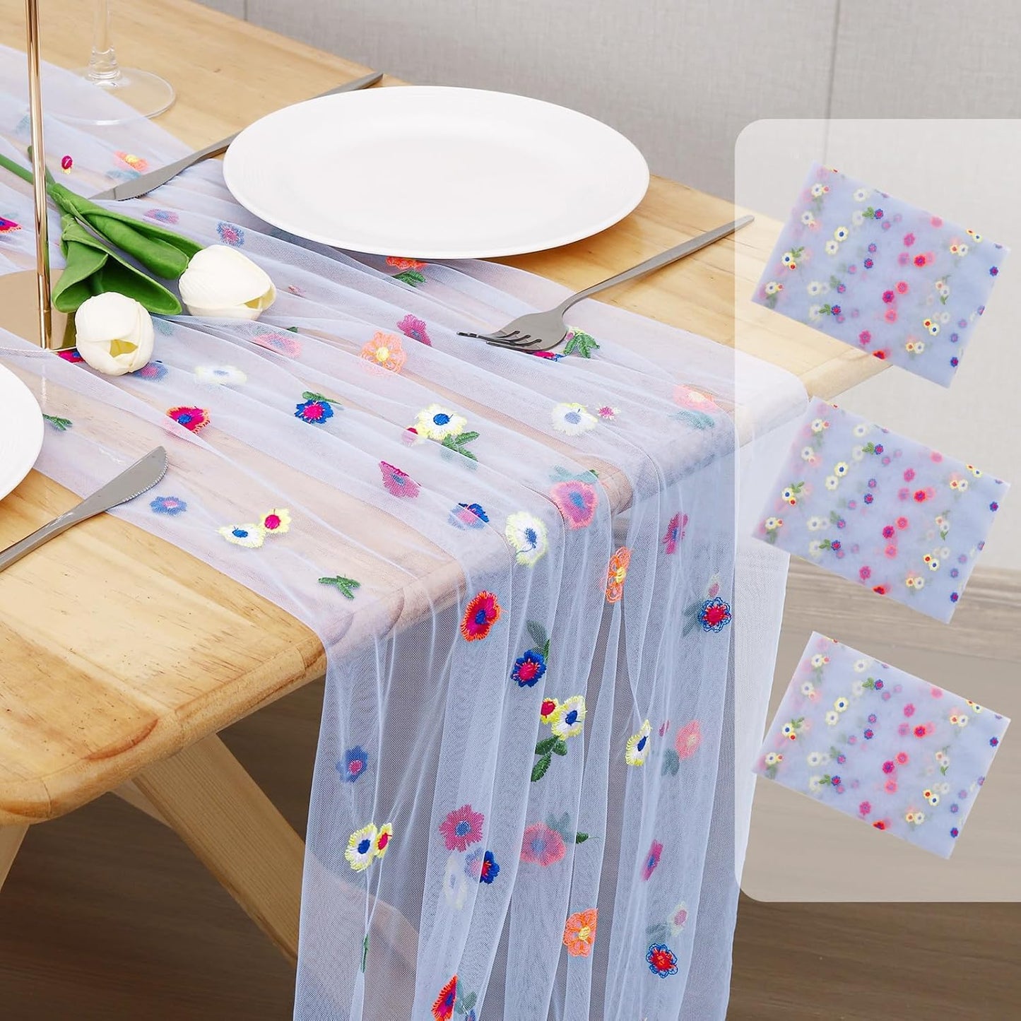 3PCS Blue Floral Table Runner 10 FT, Embroidery Daisy Table Runners Seasonal Sheer Tulle Table Runner for Thanksgiving Wedding Birthday Baby Shower Party ﻿