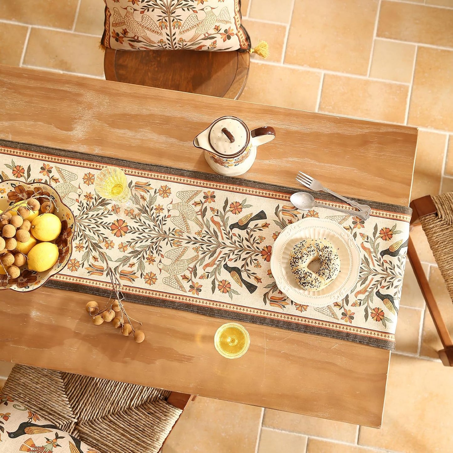 Decorative Linen Small Table Runner 63 Inches Long,Floral Rustic Runner for Table Decor Tabletop Cheesecloth Table Runners for Kitchen,Dining,Party,Home,Christmas,12"*63"