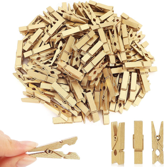 100 Pcs Gold Wooden Pins, 1.38 Inch Tapestry Clothes Pins Wall Clips Photo Picture Clips Poster Clips Strong Spring Clips for Home and Office Poster Photo Decor (Gold 100 Pack 1.38 Inch)
