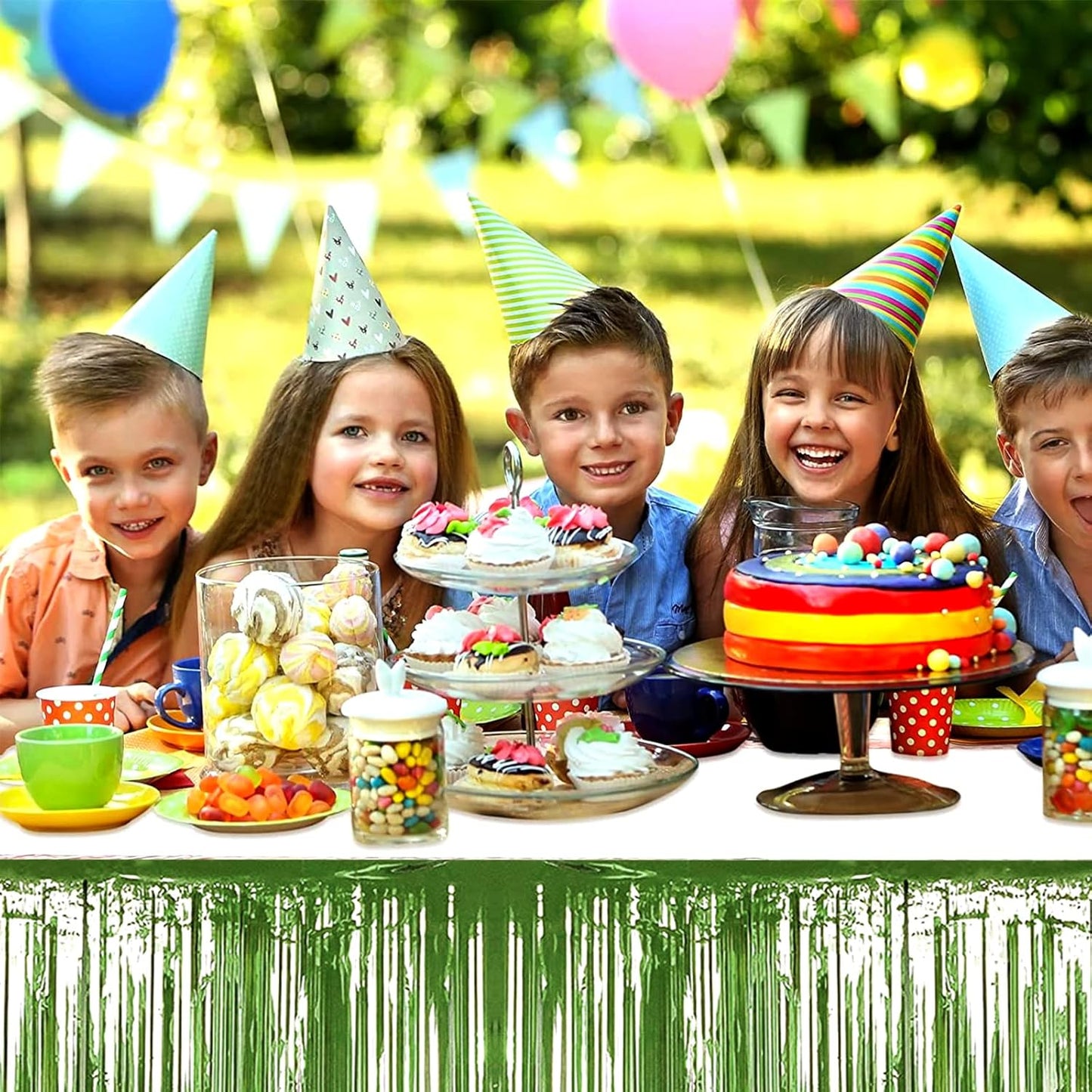 4 Pack 29x108 Inch Metallic Foil Fringe Tinsel Table Skirts for Rectangle Tables Streamer Backdrop for Wedding, Birthday, Parade Floats, Christmas, Halloween Party Decoration(Light Green)