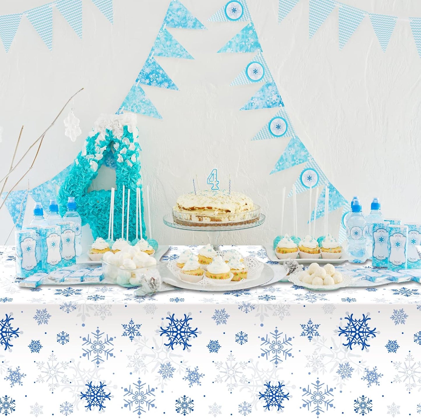 12 Pieces Snowflake Christmas Party Tablecloth Decorations,Plastic White Snowflake White Blue Xmas Backdrop Sign Table Cover Banner for Winter Christmas Holiday Party Supplies,54x108 inch（White/Blue）