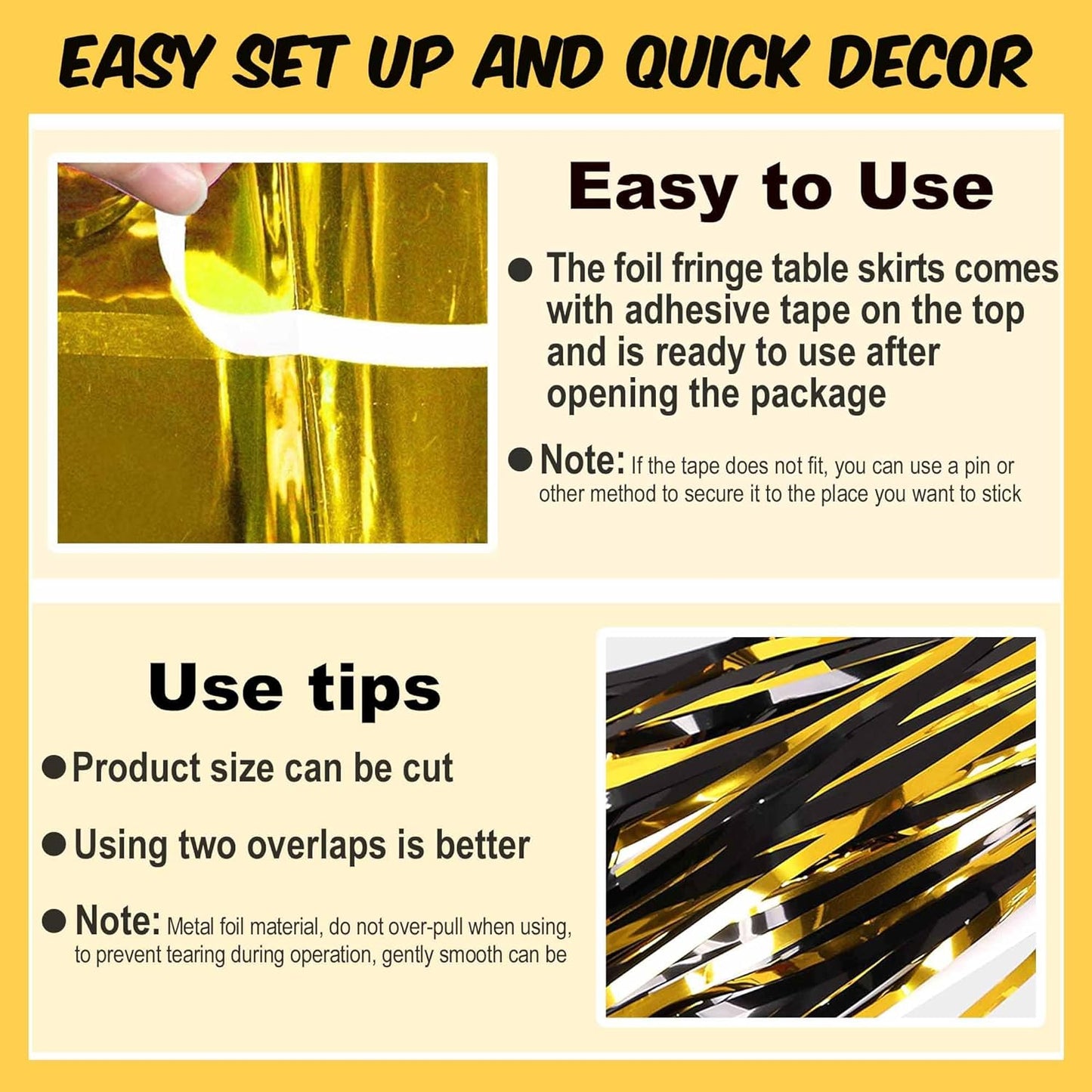 3 Pack 29 x108 Inch Black and Gold Foil Fringe Table Skirts Metallic Banner for Tinsel Streamer Garland Backdrop for Parade Floats Mother's Day, Graduate, Birthday, Wedding Party Decoration