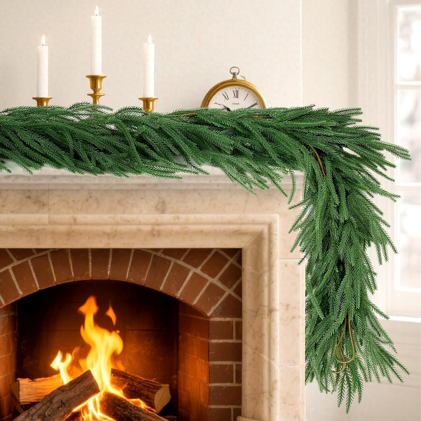 12FT（2 * 6FT）Norfolk Pine Garlands, Christmas Cedar Garland, Real Touch Faux Green Garlands, Winter Artificial Greenery Garland for Mantle, Stairs, Table, Fireplace, Indoor & Outdoor Xmas Decorations