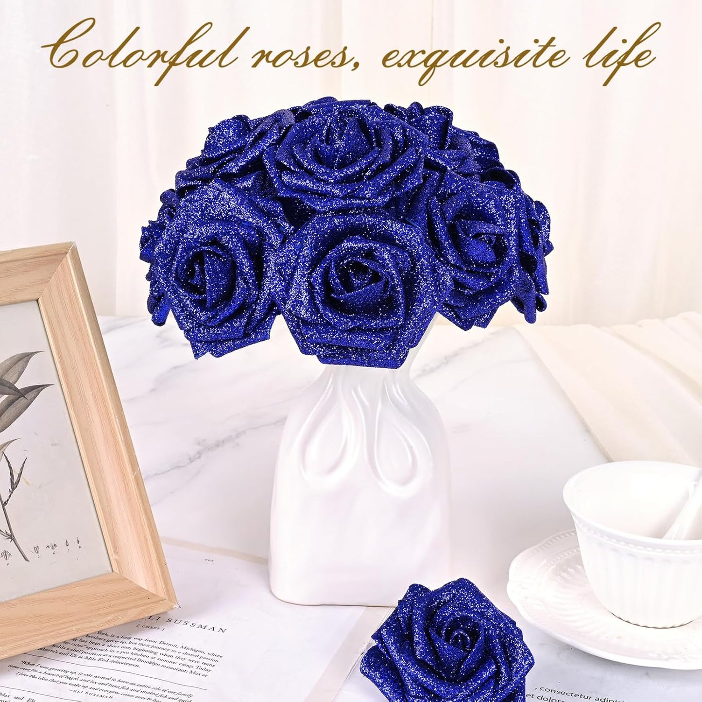 BLEUM CADE 16Pcs Artificial Flowers Fake Roses with Stems, Blue Glitter Boxed Foam Roses for DIY Bouquets Centerpieces Wedding Party Arrangement Bridal Shower Decor