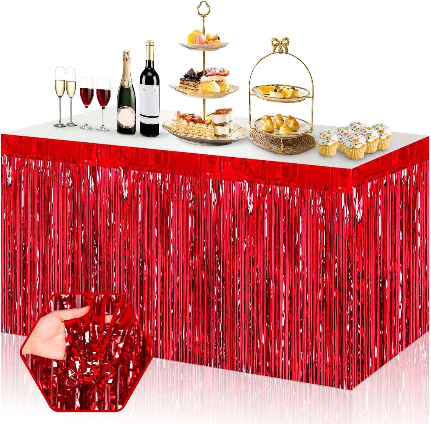 3 Pack 29x108 Inch Red Foil Fringe Table Skirts Metallic Banner for Tinsel Streamer Garland Backdrop for Parade Floats Wedding Thanksgiving Birthday Christmas Halloween Party Decoration