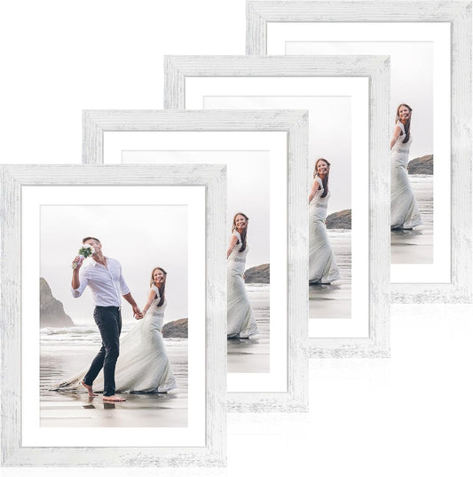 10x14 Picture Frame Set of 4 with Tempered Glass, Distressed White Frame Display 8x12 Picture with Mat or 10 x 14 Without Mat, Wood Rustic Photo Frames for Horizontal or Vertical Wall Mounting
