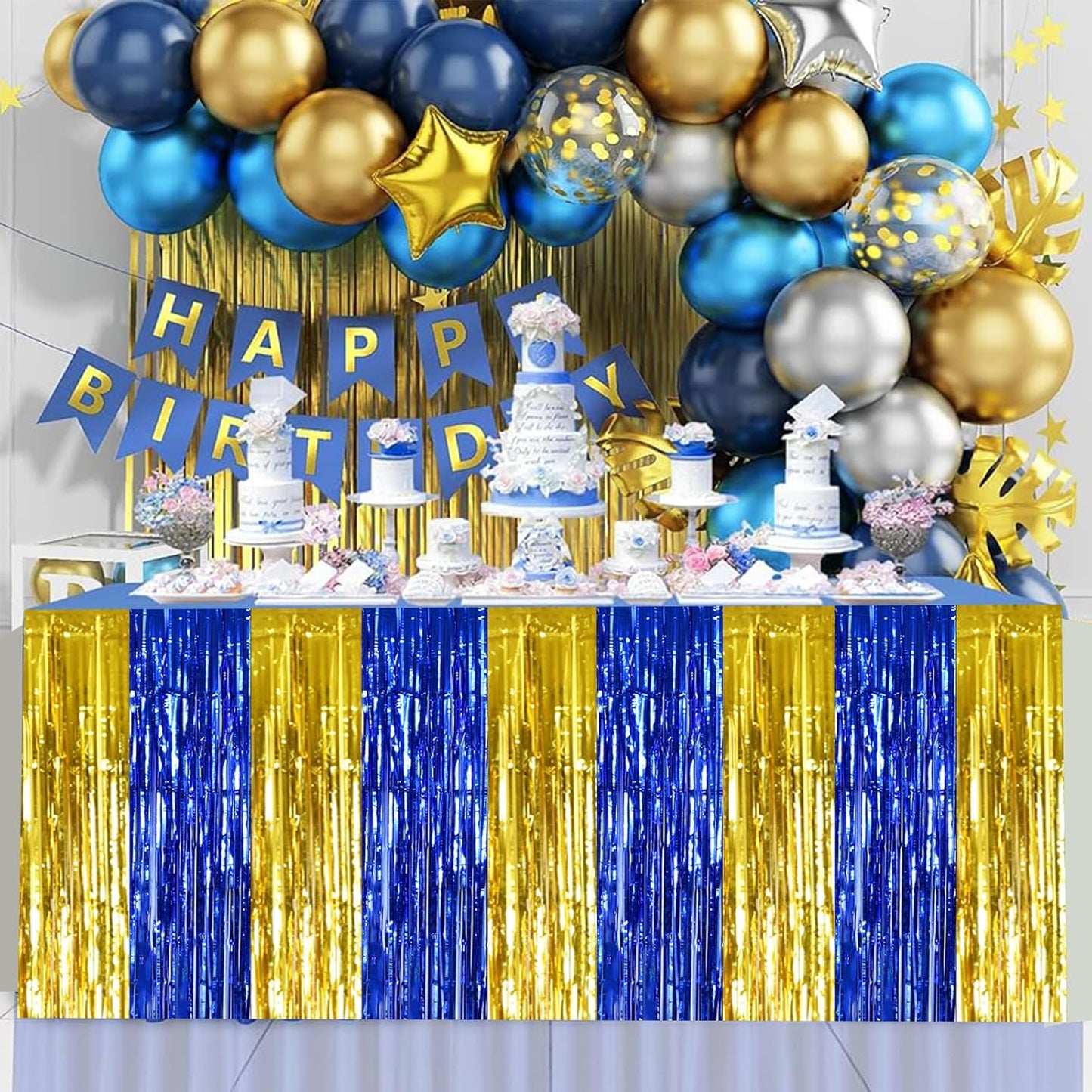 BEISHIDA 2 Pack Blue Gold Table Skirts Party Decorations Metallic Tinsel Foil Fringe Table Skirts for Birthday Retirement Anniversary Graduation Congrats 2026 Party