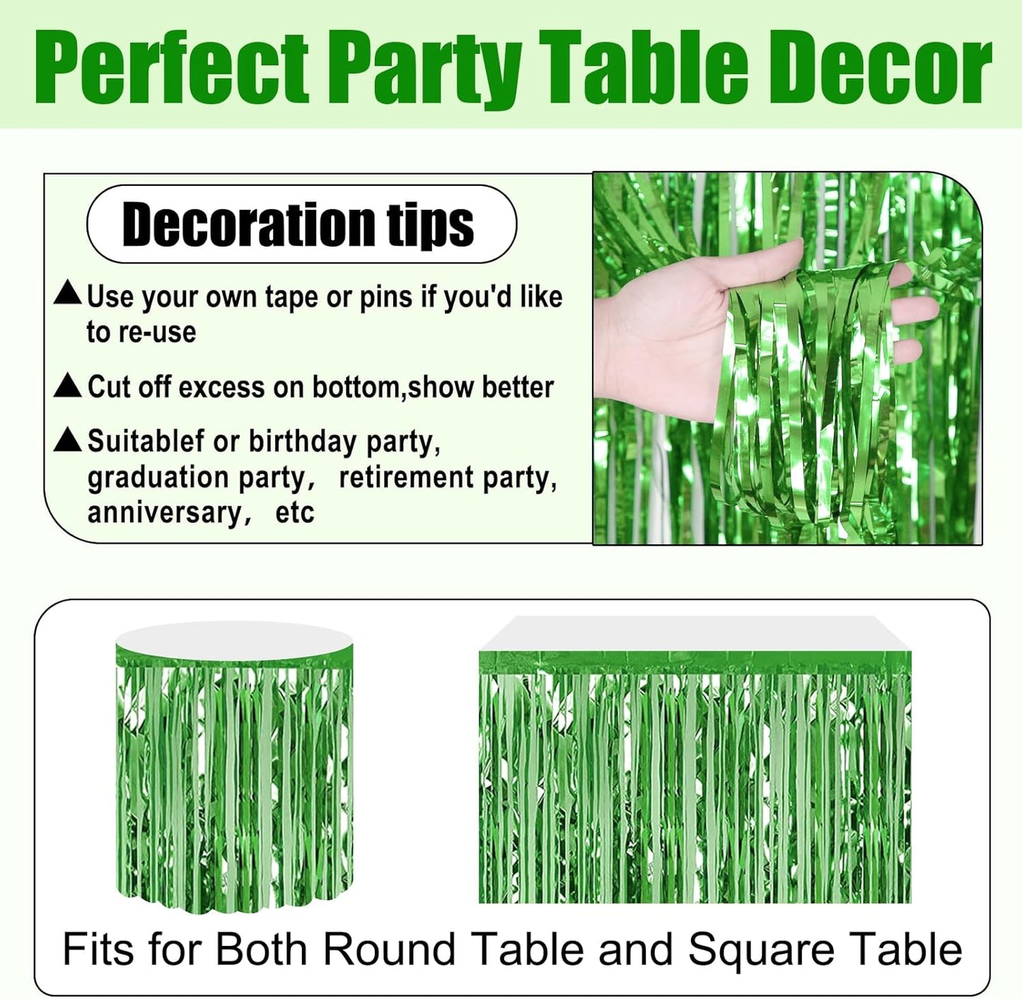 3 Pack 29x108 Inch Light Green Foil Fringe Table Skirts Metallic Banner for Tinsel Streamer Garland Backdrop for Parade Floats Wedding Thanksgiving Birthday Christmas Halloween Party Decoration