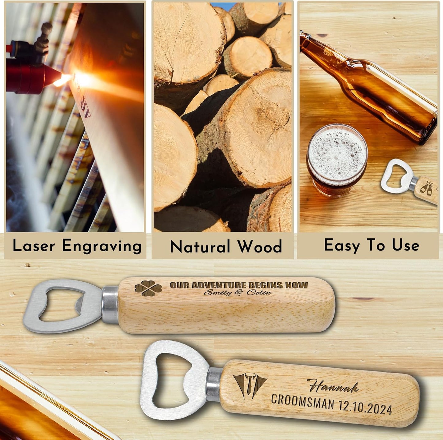 15-100PCS Custom Bottle Openers Bulk, Beer Bottle Opener with Wooden Handle, Engraved Groomsmen Gifts, Wedding Favors, Birthday Favors, Gift for Wedding, Party, Bar, Home, Kitchen, Restaurant