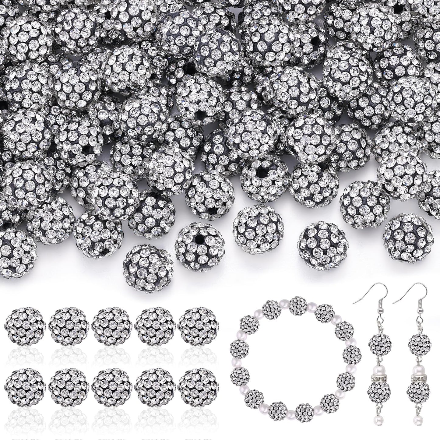 160pcs 10mm Rhinestone Beads for Jewelry Making, Black White Shiny Round Disco Ball Beads Bulk, Sparkle Crystal Clay Christmas for Bracelet Baseball Necklace Earring Crafting and DIY