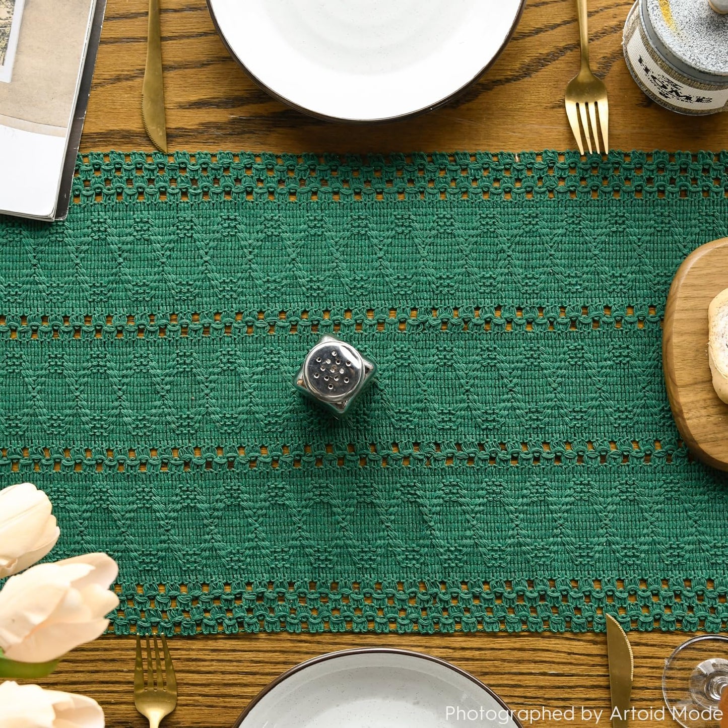 Artoid Mode Dark Green Farmhouse Woven Rustic Hollow Table Runner, Seasonal Holiday Hollow Kitchen Dining Table Decoration for Home Party Decor 12x108 Inch