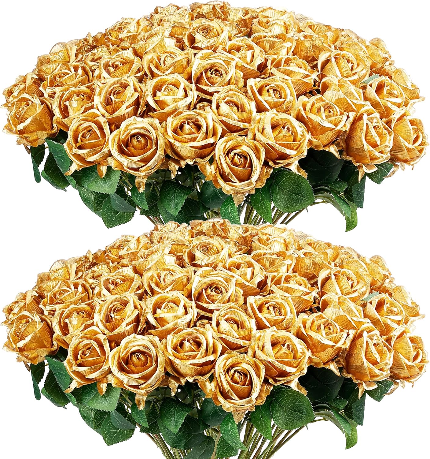 Auihiay 60PCS Gold Rose Artificial Flowers, Faux Silk Roses, Realistic Roses Bouquet for Anniversary, Baby Shower, Birthday, Graduation, Table Centerpieces, Cake Flower, Valentine's Day Decorations