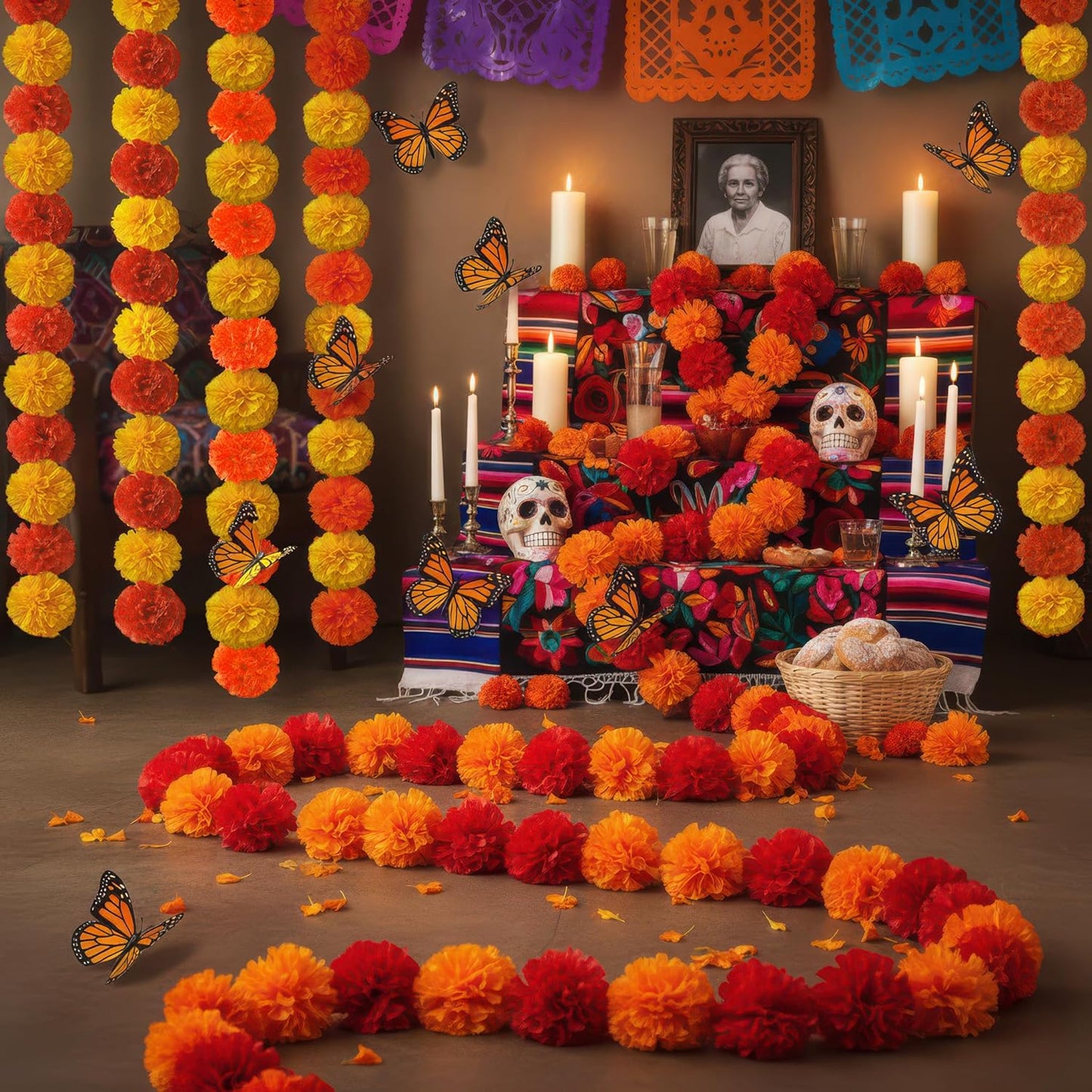 Marigold Garland for Decoration 5 Packs × 5ft Artificial Marigold Garlands Vibrant Orange Yellow Faux Flowers Includes 10 Butterfly Accents for Diwali Pooja Wedding Indian Decor