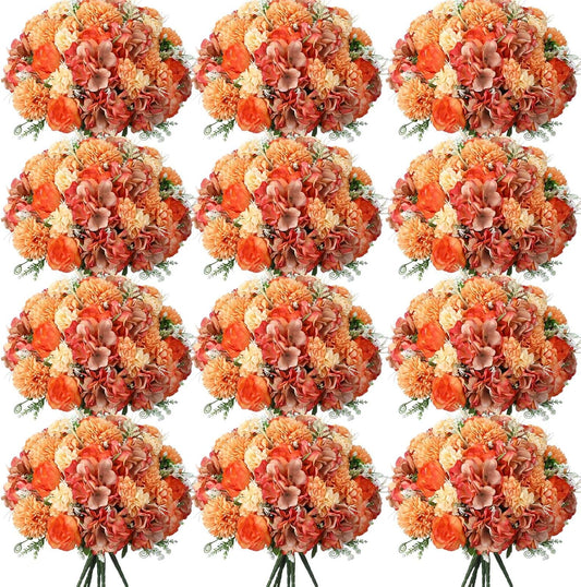 Tigeen Artificial Flowers Artificial Peonies Silk Flowers Faux Peony Fake Peony Silk Hydrangea Bouquet for Wedding Table Centerpiece Floral Vase Decor (Bright Orange,12 Bundles)
