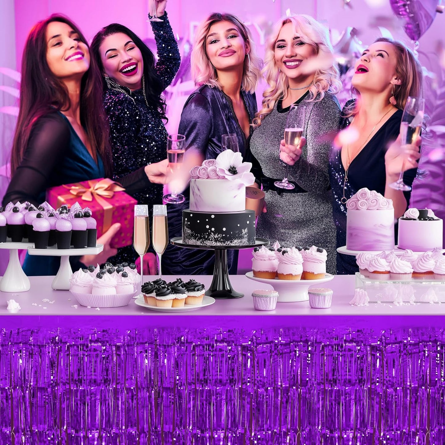 2 Pack Light Purple Dark Purple Table Skirts, 29x108" Metallic Foil Tinsel Fringe Table Skirt for Rectangle Tables Streamer Curtains Backdrop, Party Decorations for Birthdays, Weddings, Holidays