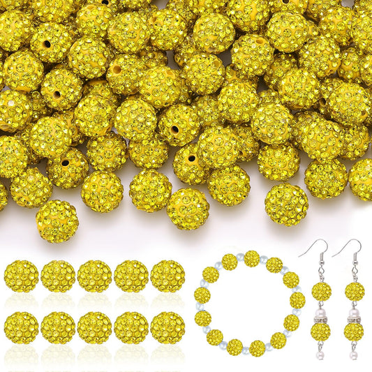 160pcs 10mm Rhinestone Beads for Jewelry Making, Yellow Shiny Round Disco Ball Beads Bulk, Sparkle Crystal Clay Christmas for Bracelet Baseball Necklace Earring Crafting and DIY