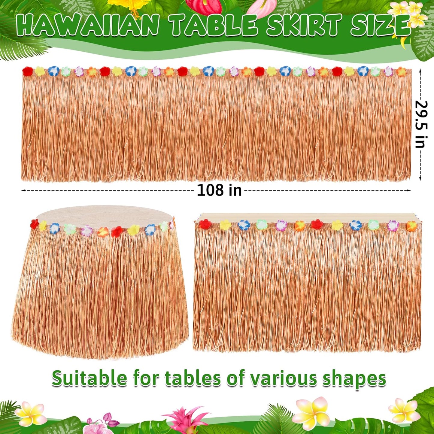 8PCS Hawaiian Table Skirt, Luau Themed Grass Table Skirt Party Supplies, Indoor Outdoor 108 X 29.5" Flower Tropical Hula Dance Parties Supplies Bulk, Table Skirt for Summer Beach Themed Party